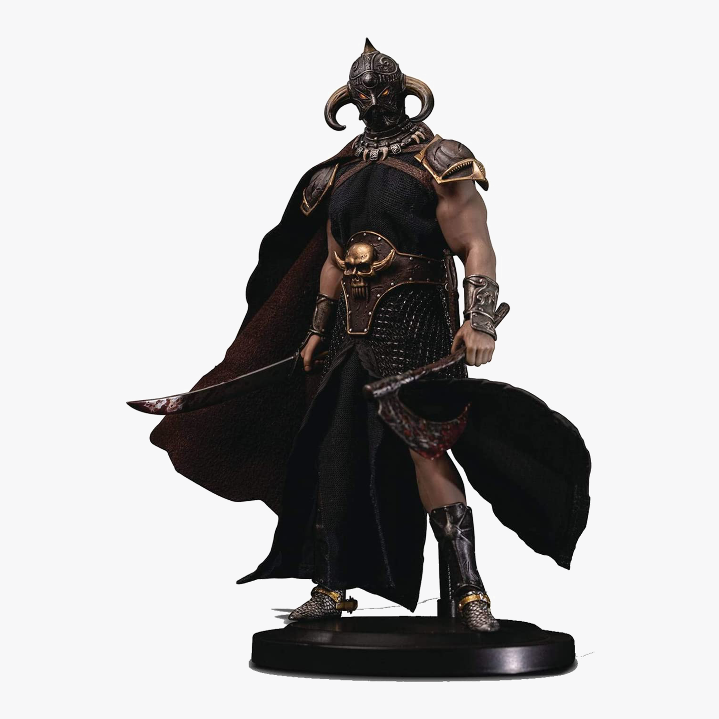 A 1/12 scale Death Dealer action figure, inspired by Frank Frazetta’s legendary artwork, stands on a black circular base. The figure features a detailed battle-worn design, including a horned helmet, skull-adorned belt, and chainmail-like skirt. It wields a bloodstained axe and a curved sword, with intricate sculpting and fabric elements that enhance its realistic and menacing appearance. The flowing black cape adds to the dynamic presence of this collectible figure.