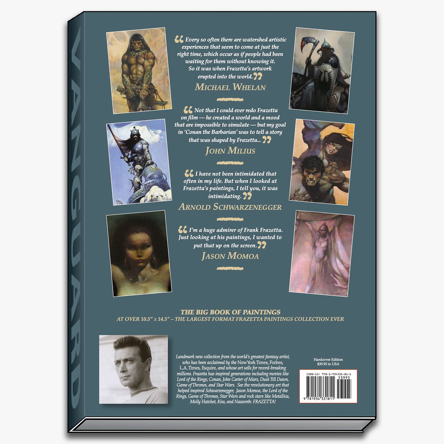 Back cover of Fantastic Paintings of Frazetta, featuring quotes from notable figures such as Michael Whelan, John Milius, Arnold Schwarzenegger, and Jason Momoa praising Frank Frazetta&
