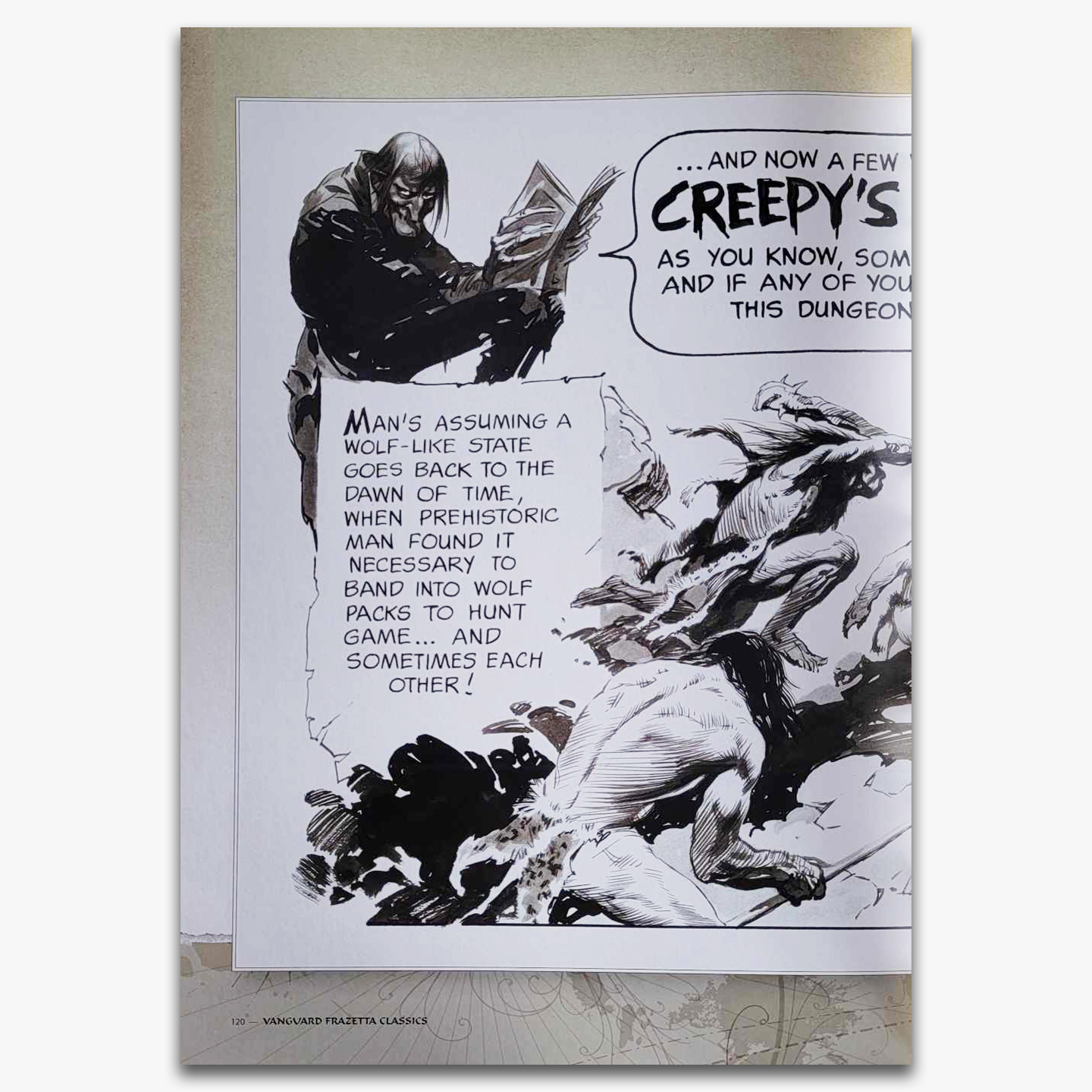 Vintage black-and-white comic illustration from a Frank Frazetta collection, featuring a dark, hooded figure reading and a dynamic scene of prehistoric hunters in action.