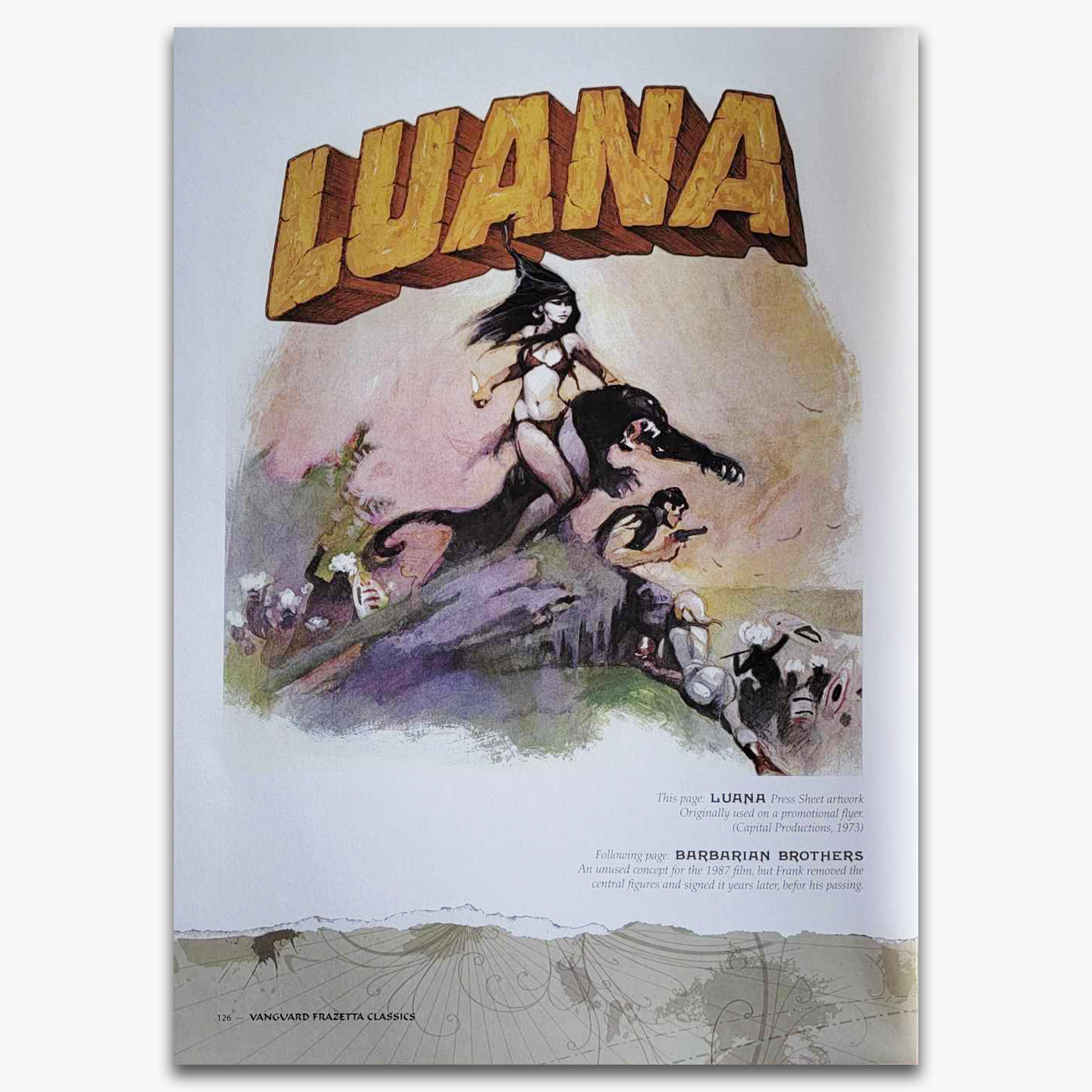 Illustration of "Luana" by Frank Frazetta, featuring a fierce jungle warrior woman standing atop a panther, surrounded by action-packed adventure elements. Originally used for a promotional flyer in 1973.
