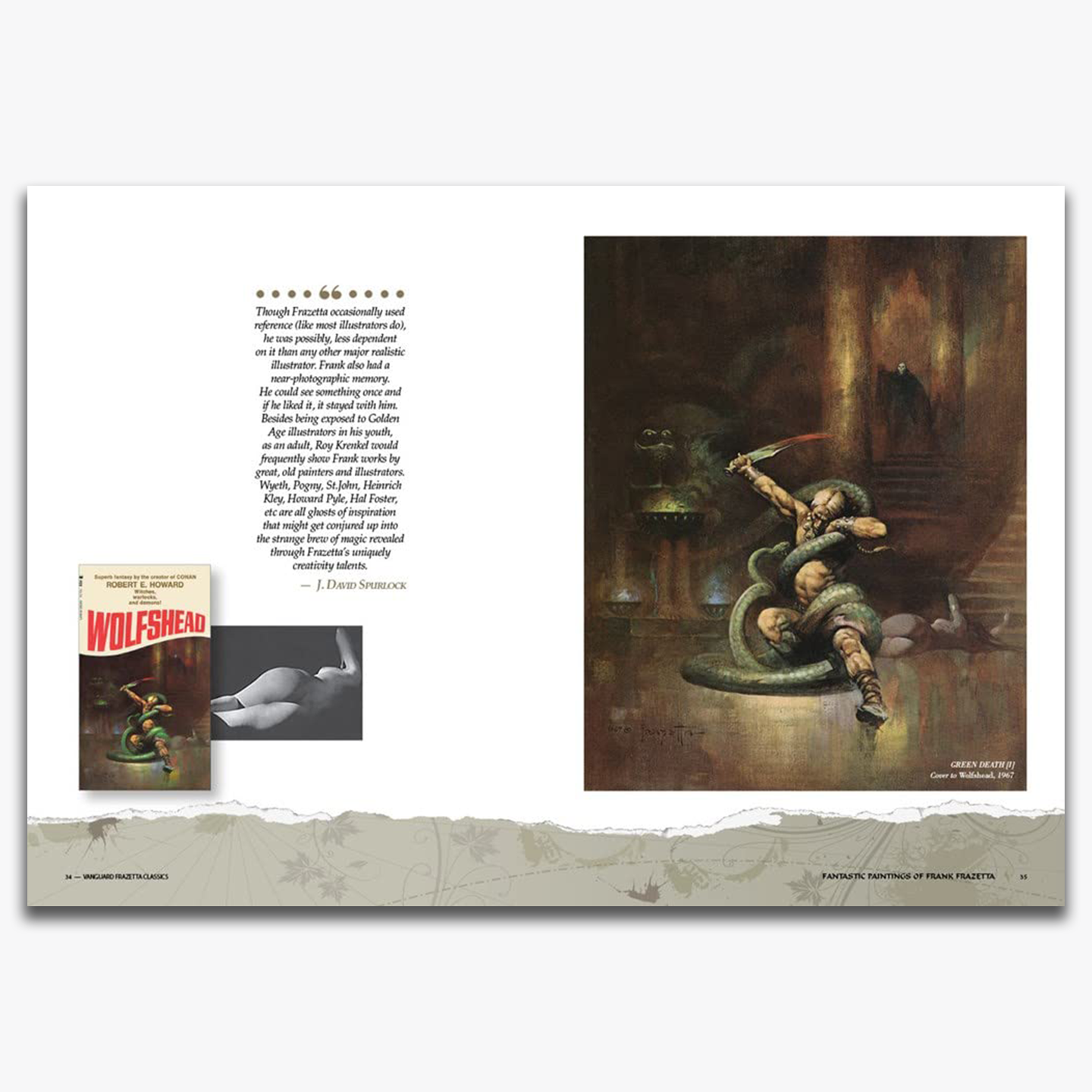 Interior spread from Fantastic Paintings of Frazetta, featuring Frank Frazetta’s Green Death II painting on the right, depicting a warrior battling a giant serpent in a dimly lit, ancient chamber. The left page contains a passage discussing Frazetta’s artistic influences and near-photographic memory, accompanied by an image of the Wolfshead book cover featuring the same artwork. The spread combines historical insight with stunning fantasy illustration.