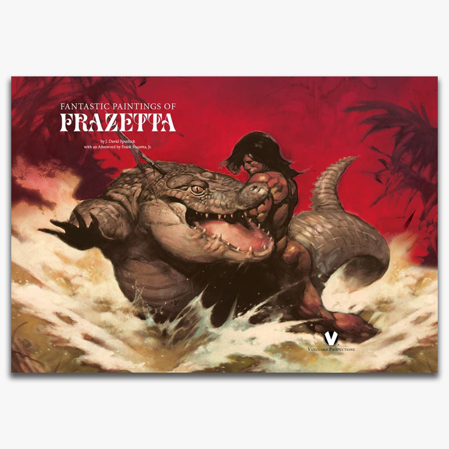 Interior page of Fantastic Paintings of Frazetta, featuring a dynamic painting of a muscular warrior wrestling a massive crocodile-like creature against a fiery red jungle backdrop. The book title and author, along with an afterword credit to Frank Frazetta Jr., are displayed in bold lettering.