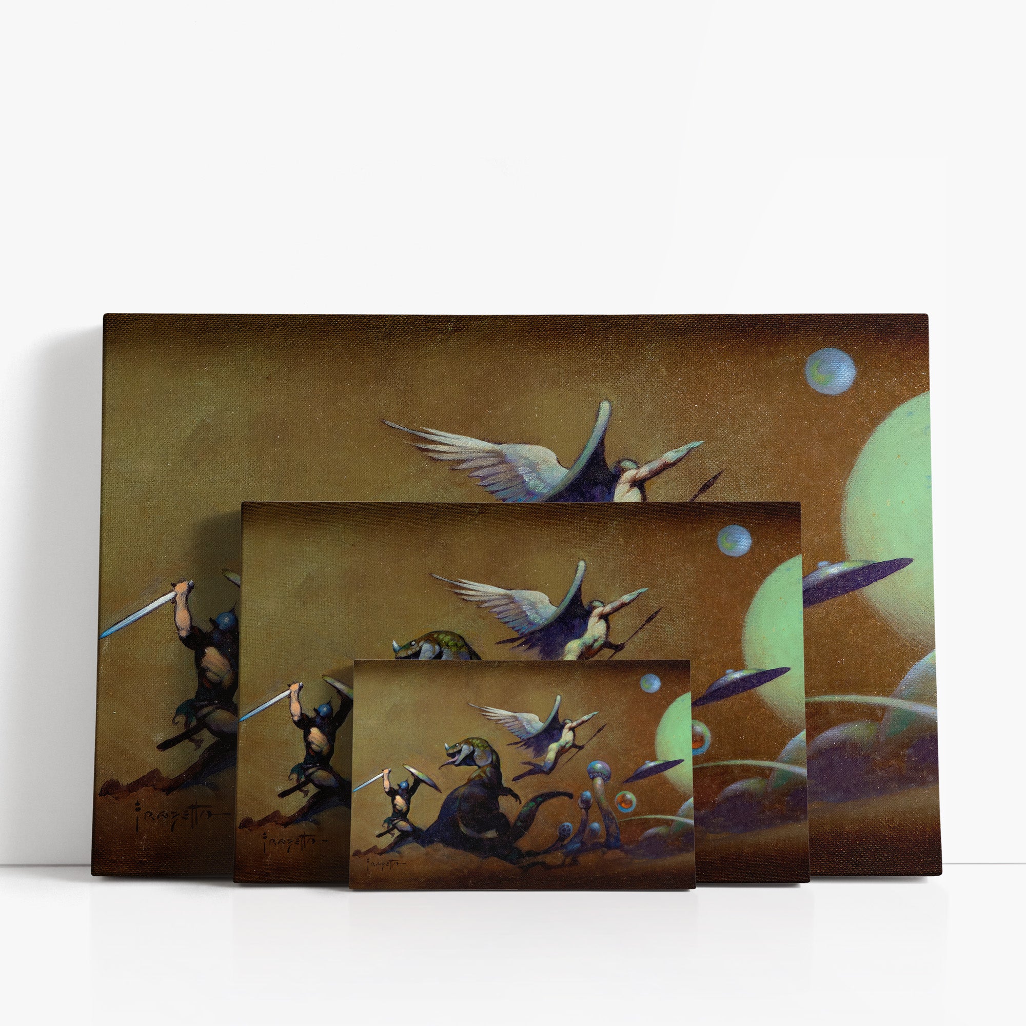 Three wrap-around canvas prints of Frazetta’s Fantasy World in different sizes, showcasing the artwork with mirror-wrapped edges for a seamless, dimensional look.