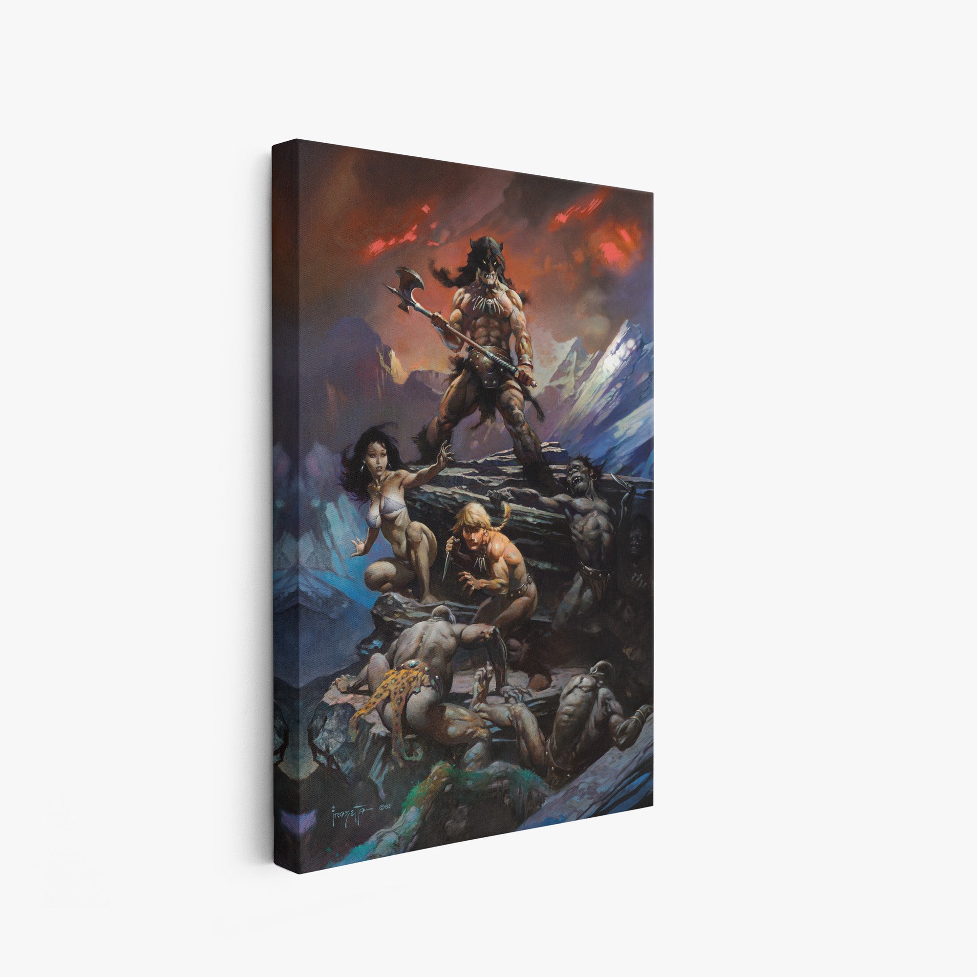A canvas print of Frazetta’s Fire and Ice hung on a white wall, showcasing the artwork with mirror-wrapped edges for a seamless, dimensional look.