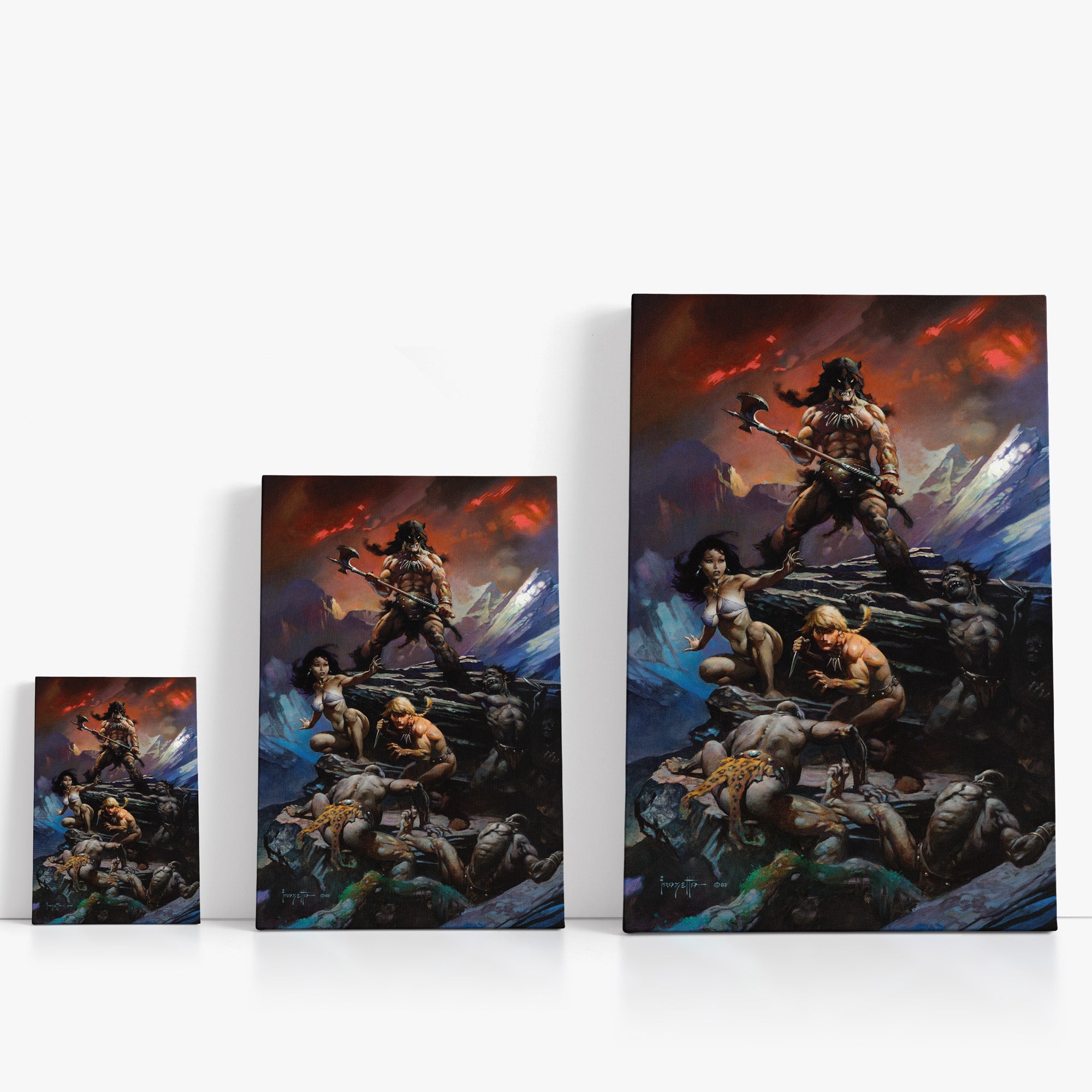 Three wrap-around canvas prints of Frazetta’s Fire and Ice in different sizes, showcasing the artwork with mirror-wrapped edges for a seamless, dimensional look.