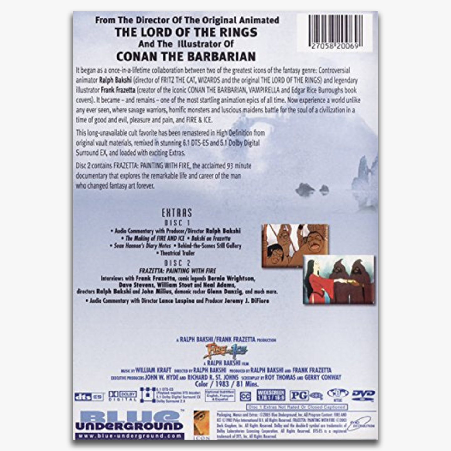 Back of Fire & Ice + Frazetta: Painting with Fire 2-Disc Set – Includes Film Descriptions, Special Features, and Collector’s Edition Details