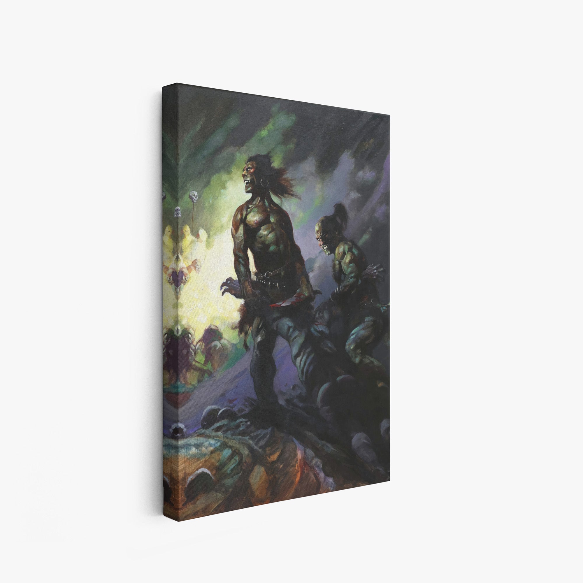 A canvas print of Frazetta’s Flesh Eaters hung on a white wall, showcasing the artwork with mirror-wrapped edges for a seamless, dimensional look.