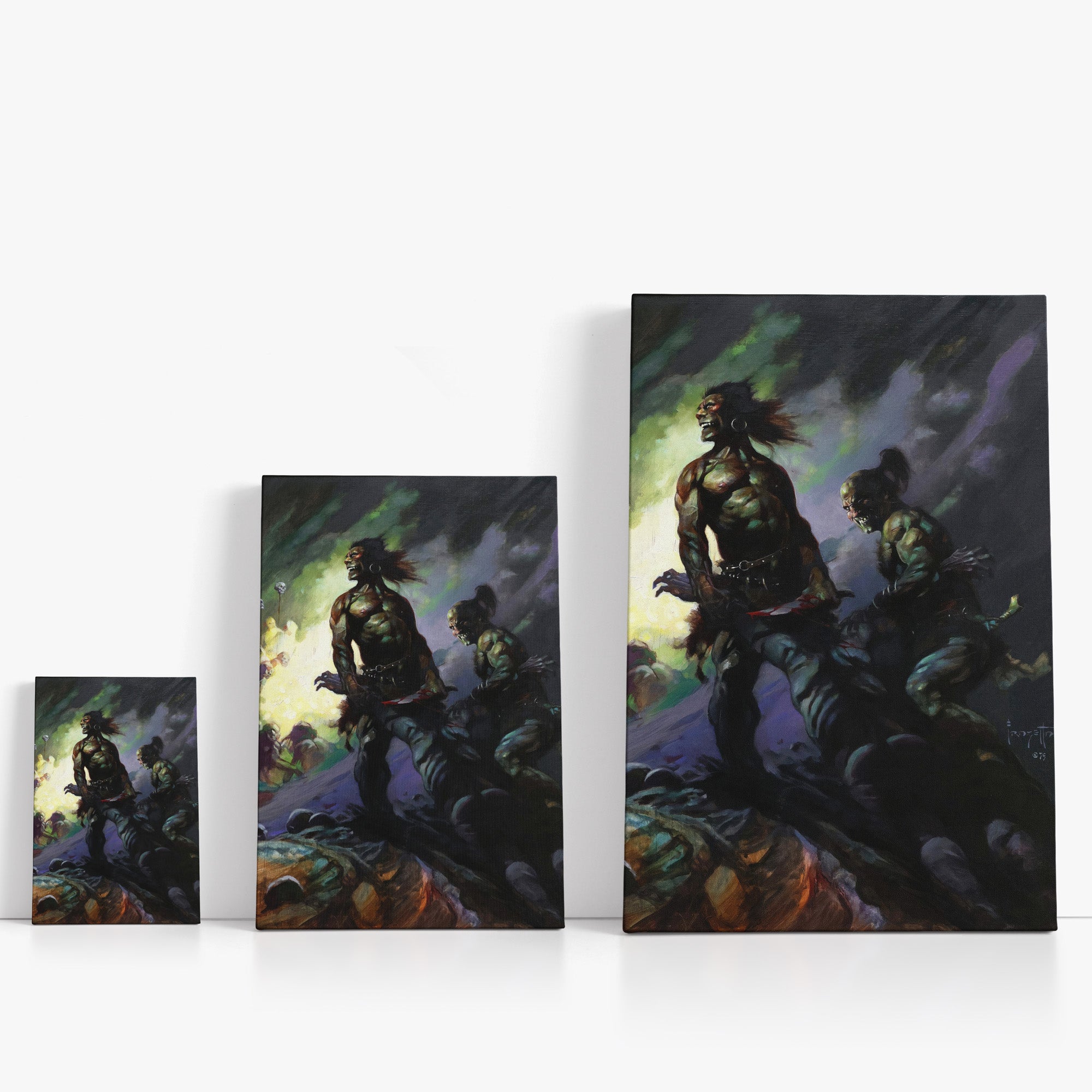 Three wrap-around canvas prints of Frazetta’s Flesh Eaters in different sizes, showcasing the artwork with mirror-wrapped edges for a seamless, dimensional look.