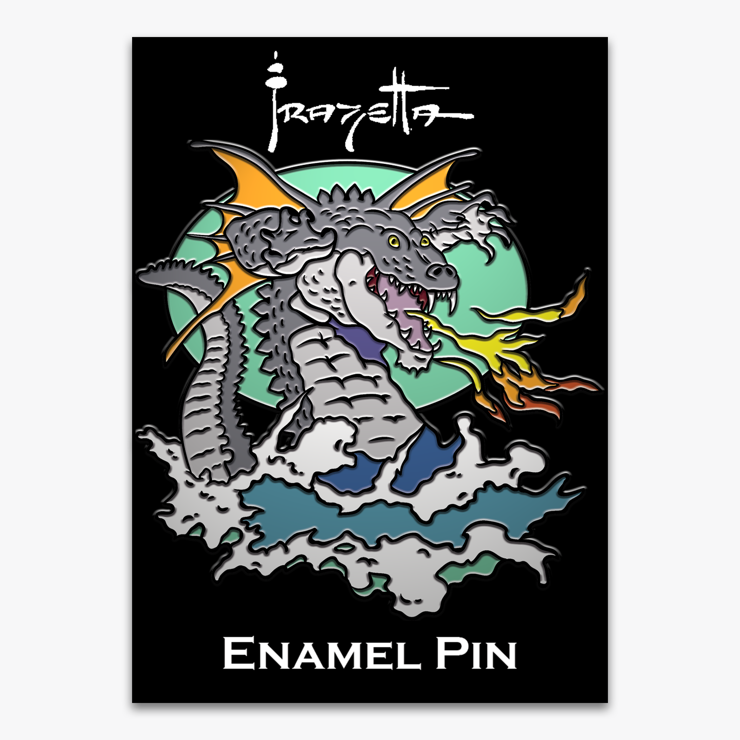 Frazetta Flying Alligator enamel pin on black backer card featuring a sleek black nickel finish, perfect for collectors and fans of Frank Frazetta’s legendary artwork.