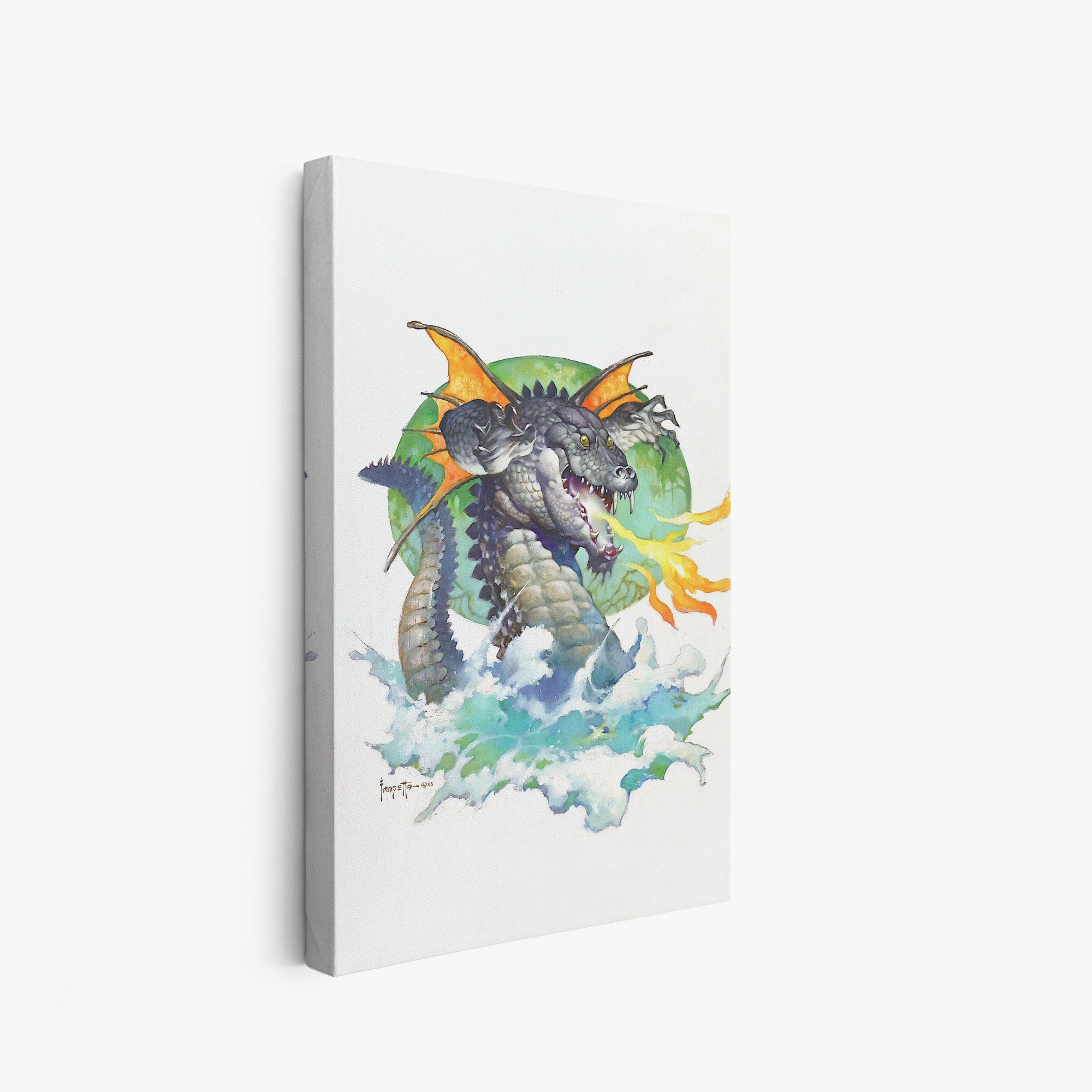 A canvas print of Frazetta’s Flying Alligator hung on a white wall, showcasing the artwork with mirror-wrapped edges for a seamless, dimensional look.