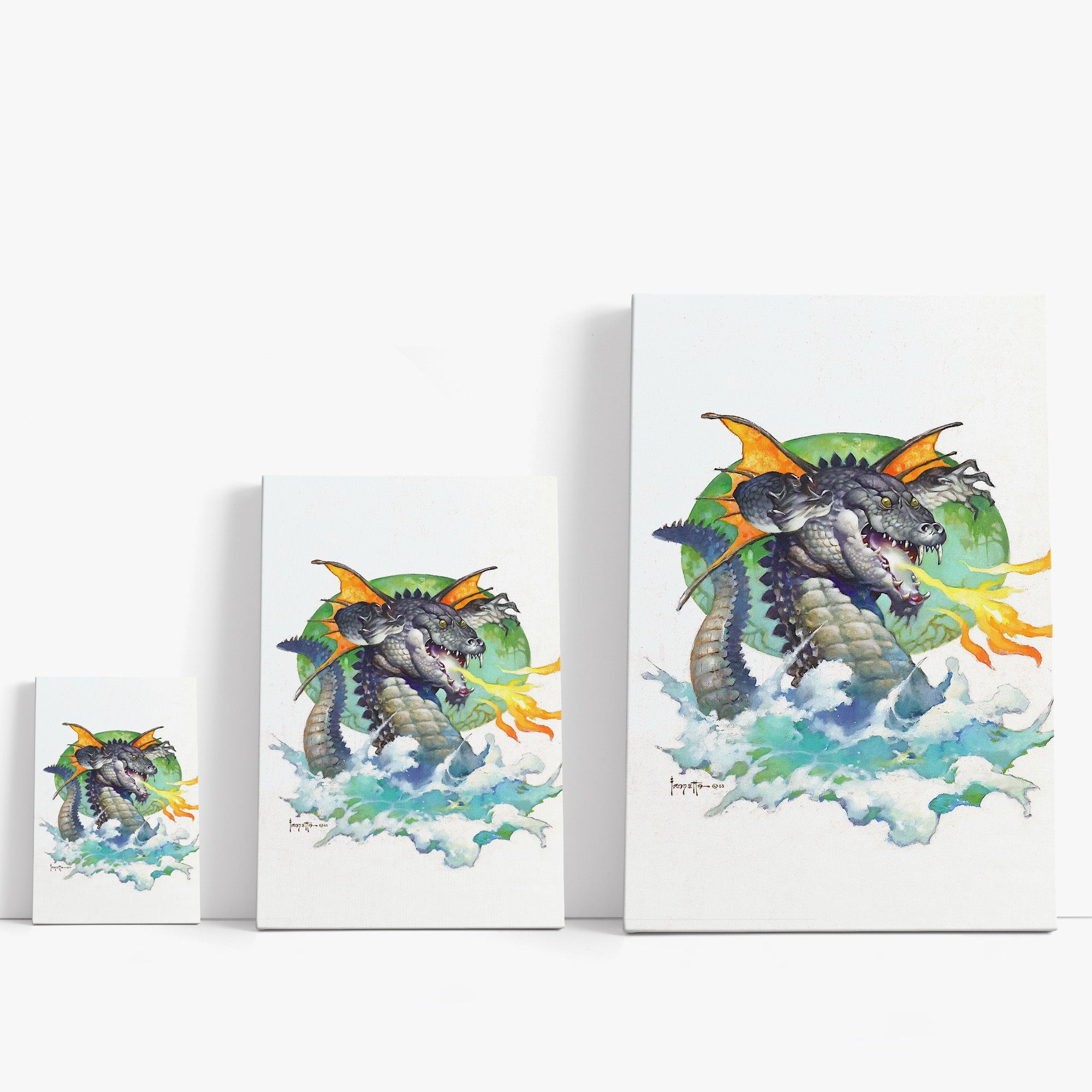 Three wrap-around canvas prints of Frazetta’s Flying Alligator in different sizes, showcasing the artwork with mirror-wrapped edges for a seamless, dimensional look.