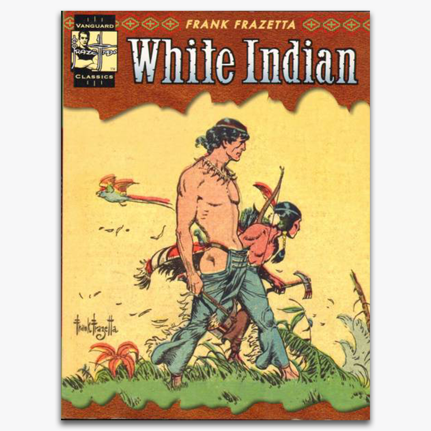 Cover of White Indian Soft Cover, illustrated by Frank Frazetta, featuring a Native American warrior and a child walking through a lush landscape. The iconic Frazetta style is evident in the vibrant colors and dynamic characters.