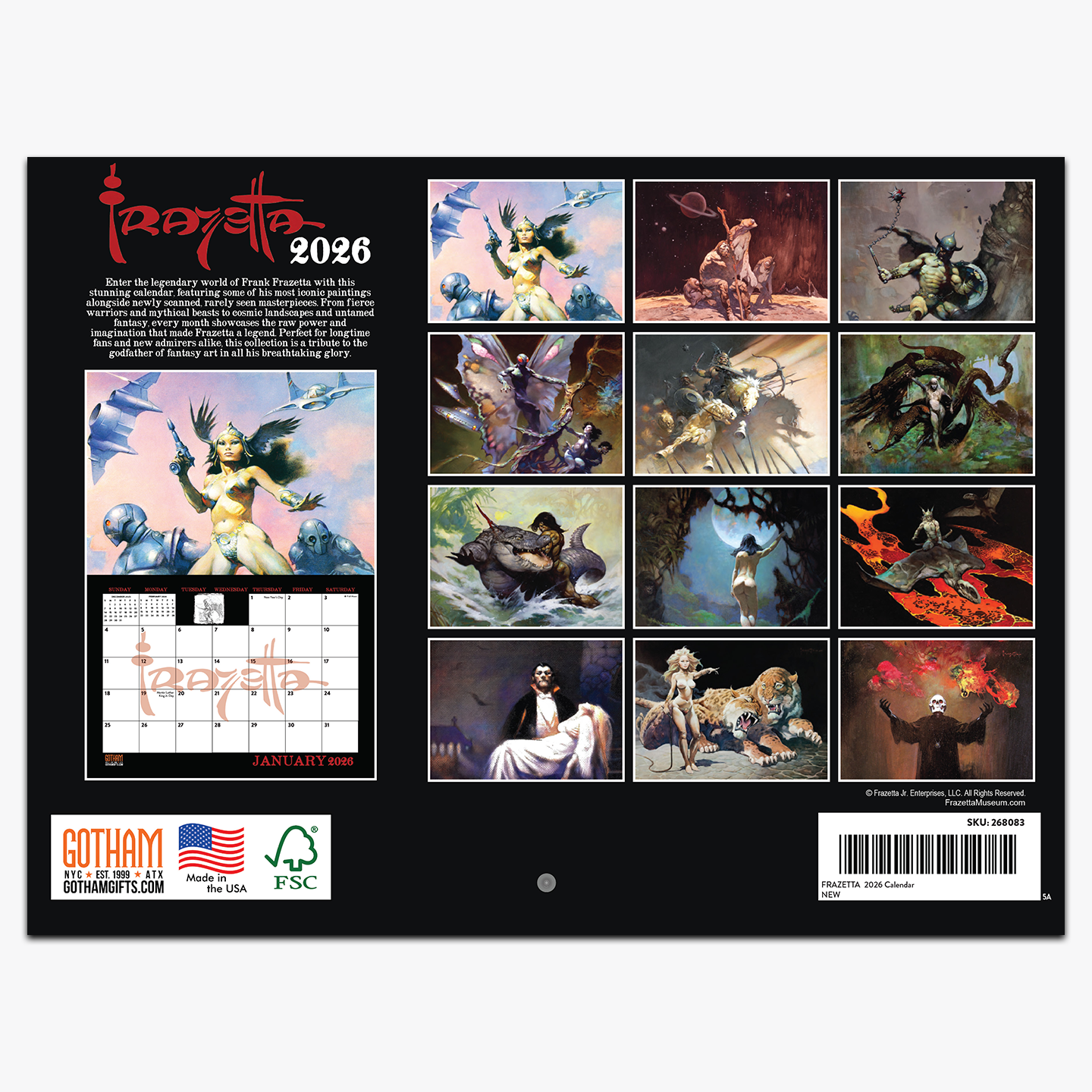 Photo of the back of the 2026 Frazetta Calendar sold by the Frazetta Art Museum featuring many of Frazetta&