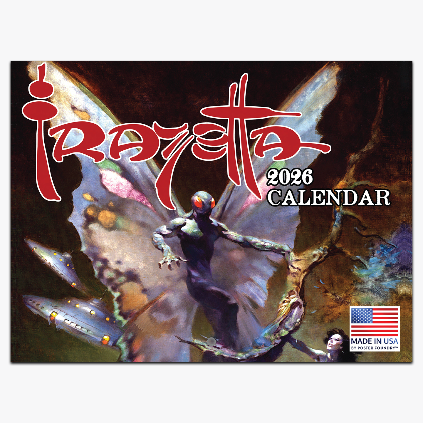 Photo of the front of the 2026 Frazetta Calendar sold by the Frazetta Art Museum featuring Frazetta&