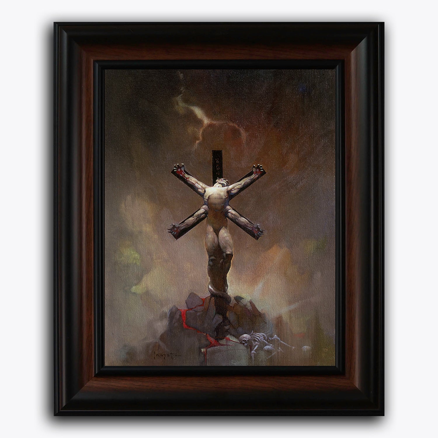 Framed fine art print of Frank Frazetta’s “Alien Crucifixion,” showing a bound nude figure suspended on a futuristic X-shaped structure against a stormy, desolate backdrop.