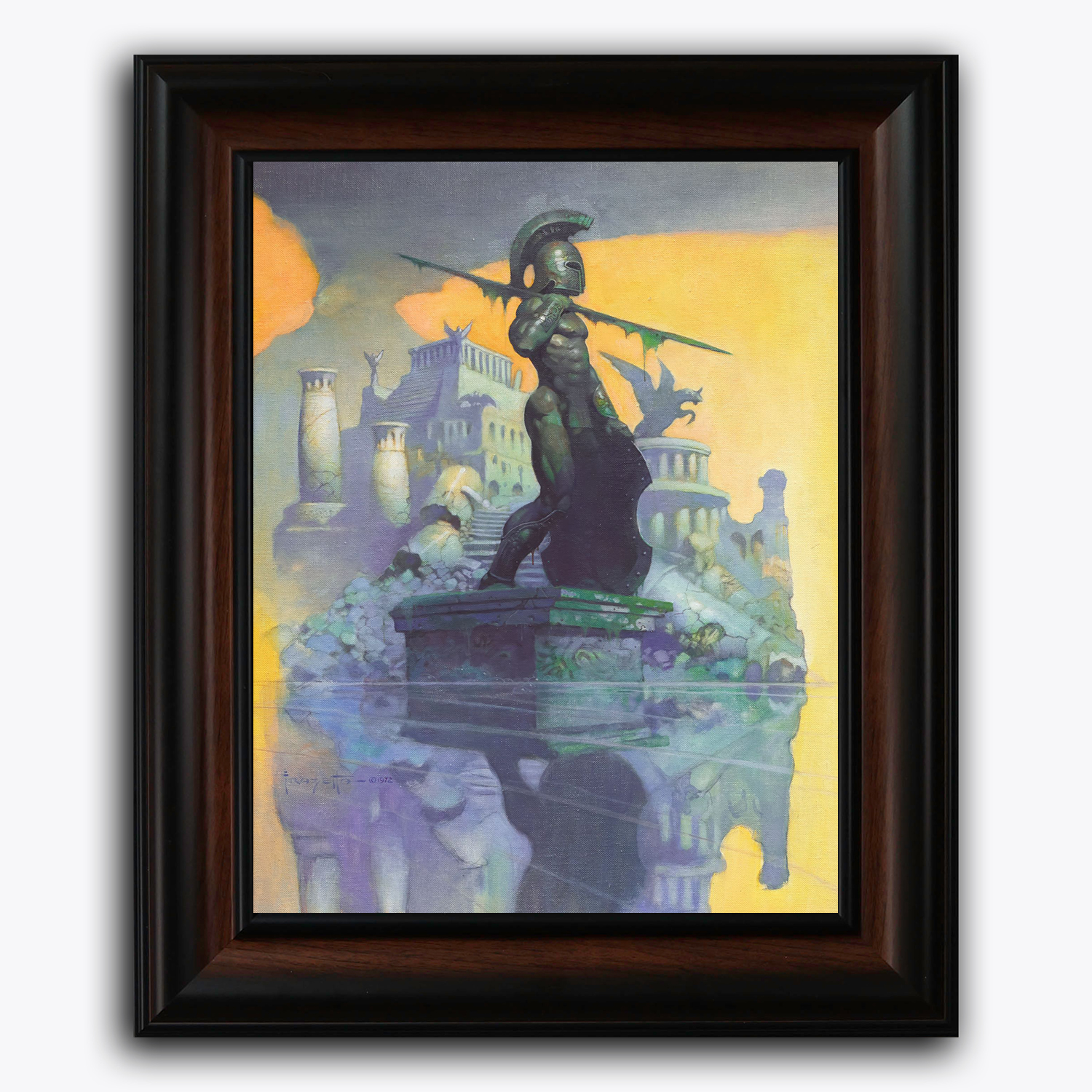 Framed art print of Frank Frazetta’s “Atlantis,” depicting a powerful warrior standing atop a crumbling pedestal surrounded by ancient ruins and reflective waters, evoking a mythical and lost civilization.