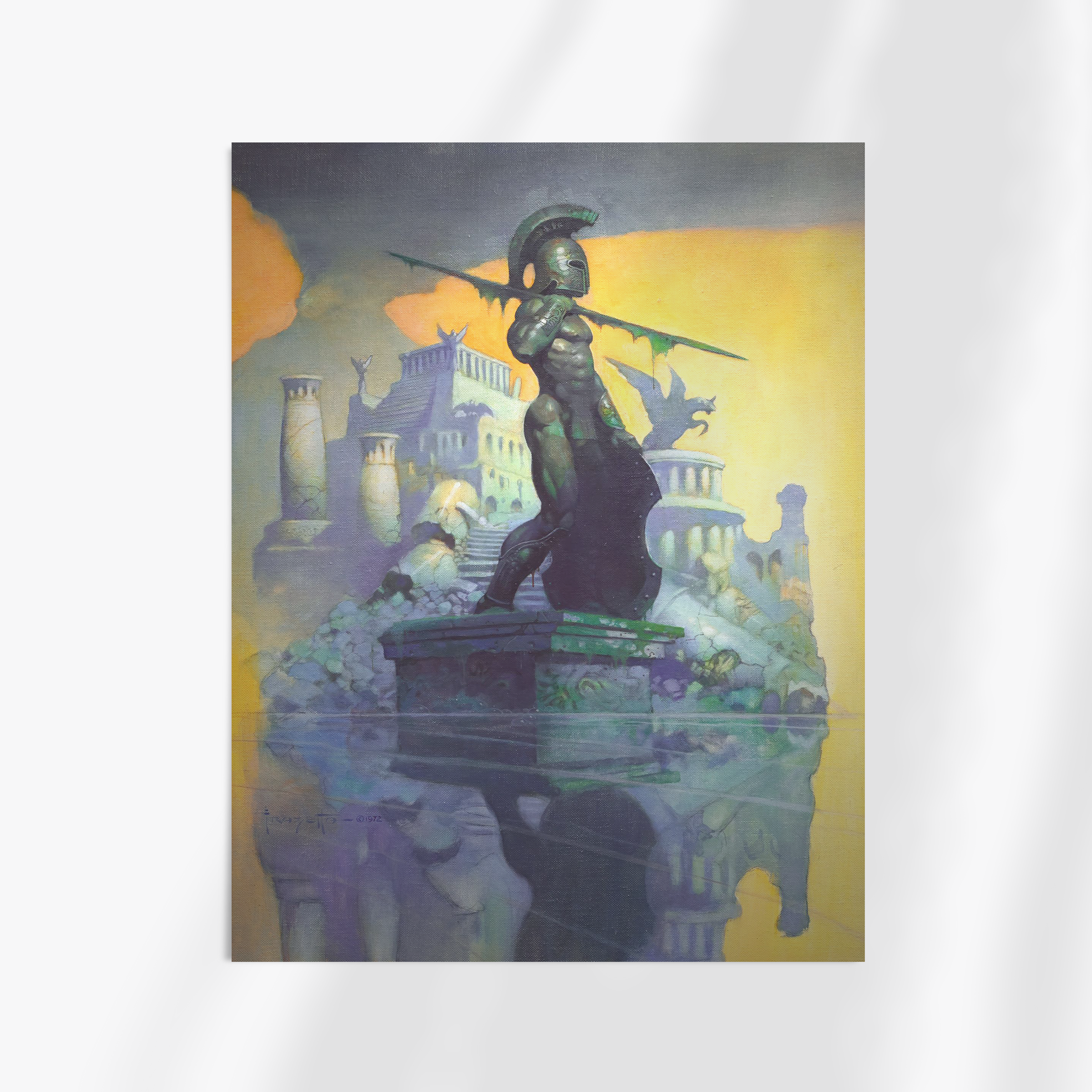 Unframed fine art print of Frazetta’s “Atlantis,” featuring a lone armored figure with a spear, gazing out over the ruins of a sunken city bathed in dreamy, surreal light.