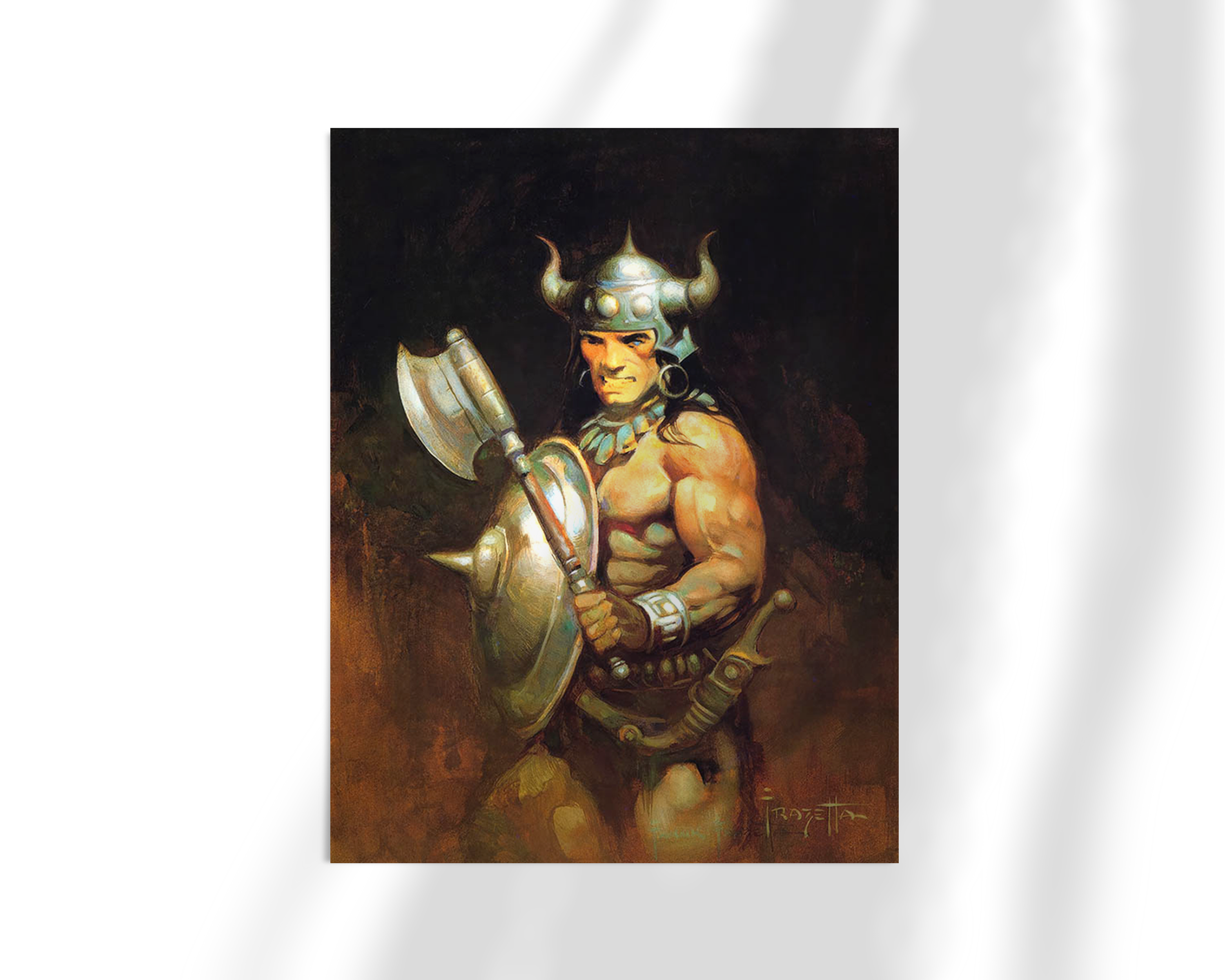 Unframed fine art print of Barbarian Portrait by Frank Frazetta, depicting a muscular fighter in a horned helmet, gripping a battle axe and shield with intense focus.