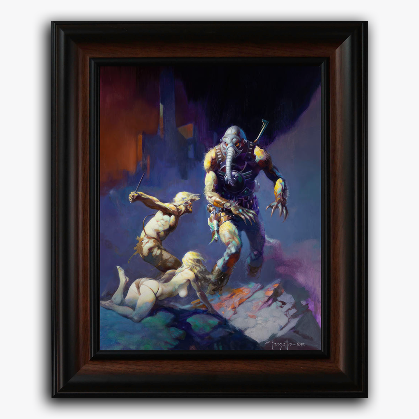 Framed fine art print of Frank Frazetta’s Battlefield Earth, showing a powerful warrior mid-stride, surrounded by desperate figures in a chaotic, alien landscape. The composition pulses with energy and defiance.