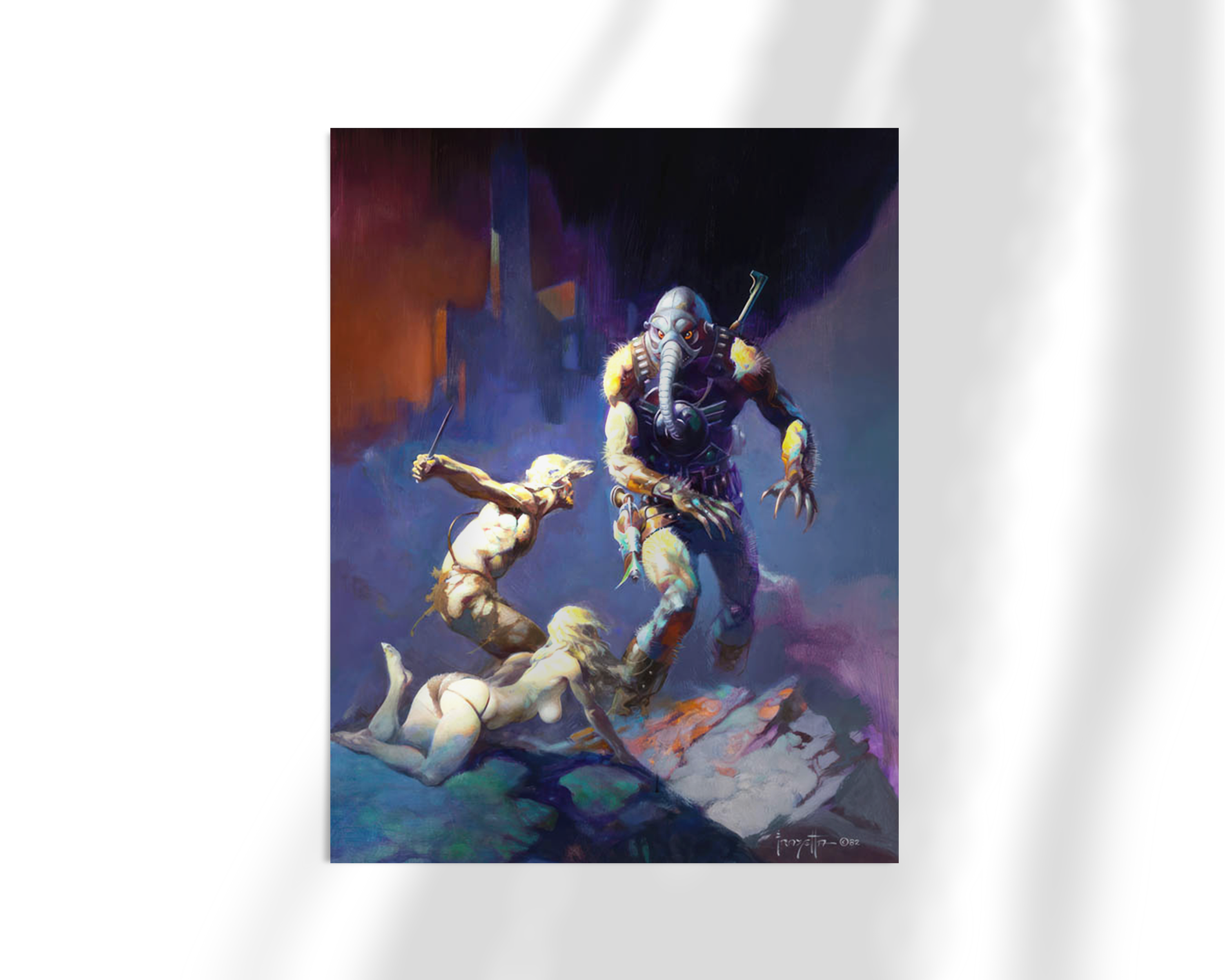Unframed fine art print of Battlefield Earth by Frank Frazetta, featuring a dominant central figure advancing through a surreal, conflict-ridden world with bold lighting and dynamic movement.