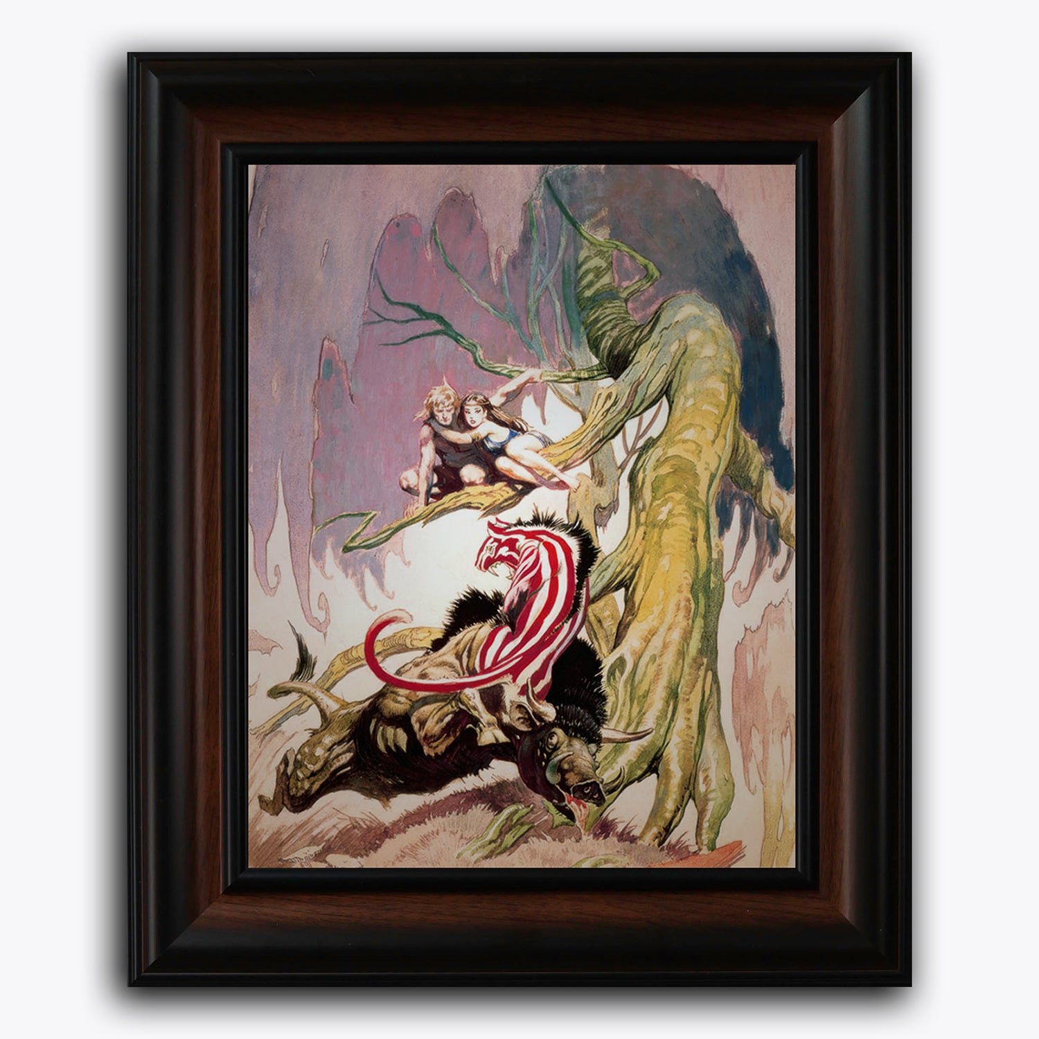 Framed fine art print of Frank Frazetta’s Beasts of Venus, showcasing a dramatic scene with a female figure eluding monstrous creatures in an alien landscape. The central figure is portrayed in dynamic action, struggling against the beast&