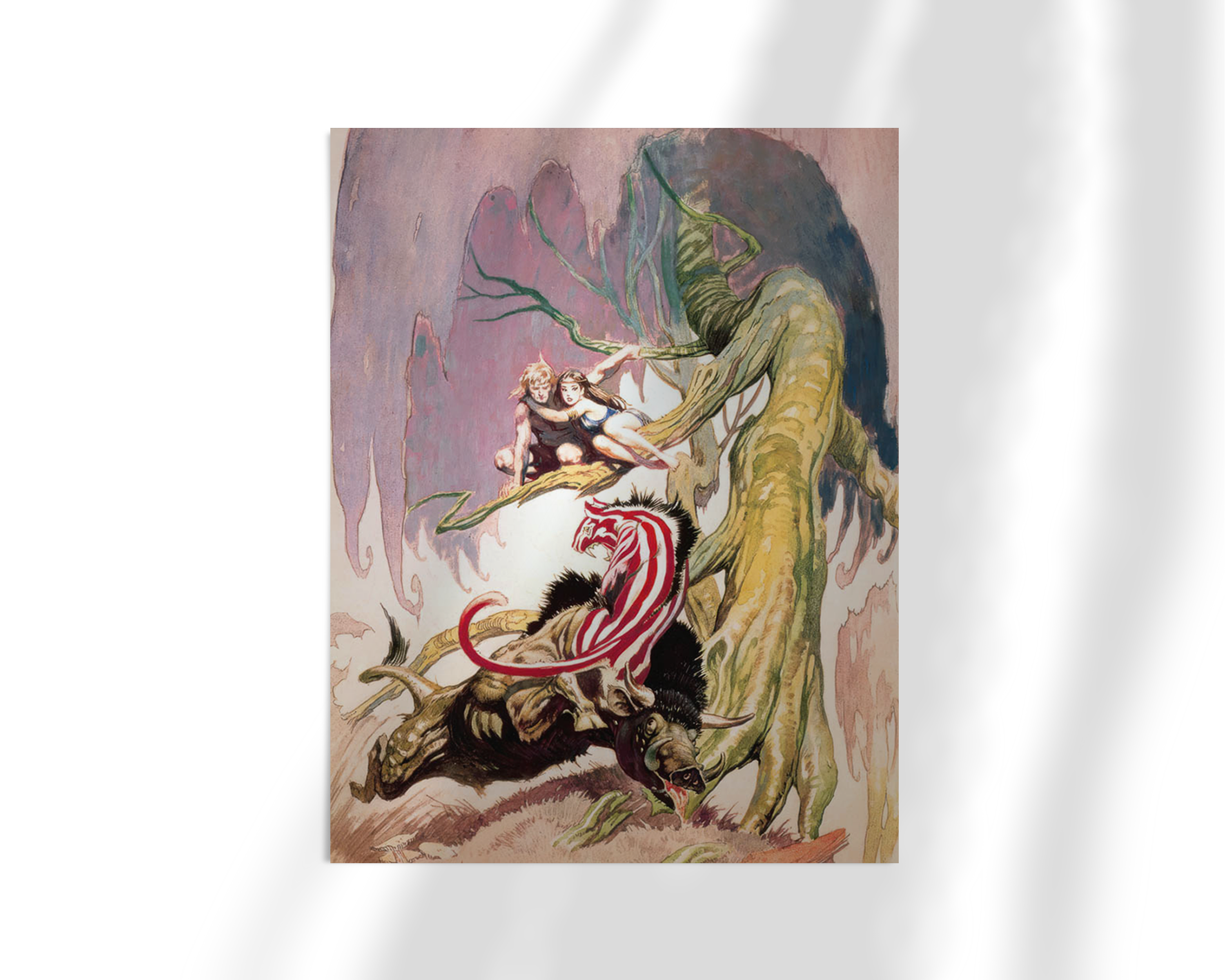 Unframed fine art print of Frank Frazetta’s Beasts of Venus, showcasing a dramatic scene with a female figure eluding monstrous creatures in an alien landscape. The central figure is portrayed in dynamic action, struggling against the beast&