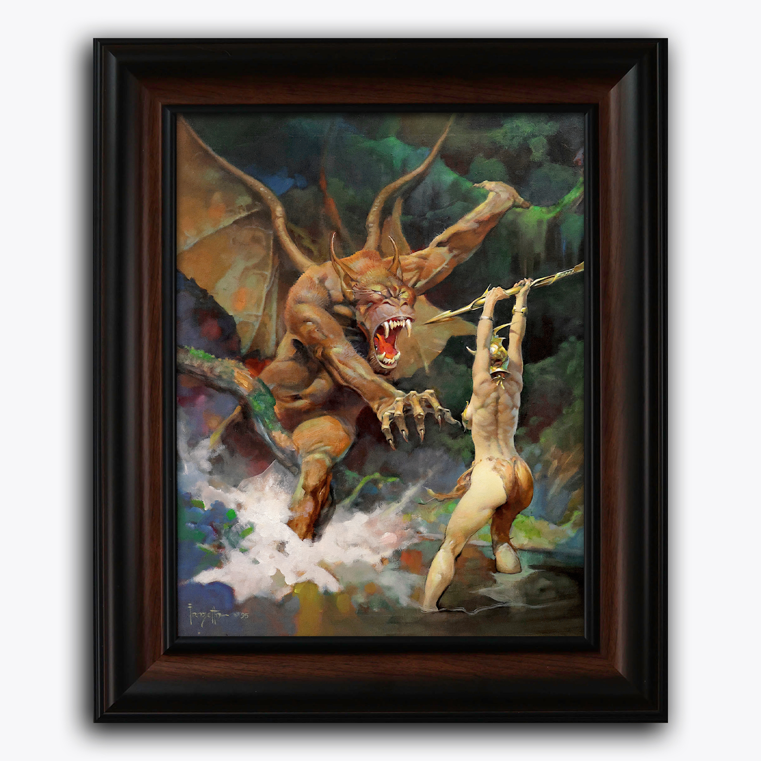 Framed fine art print of Frank Frazetta’s Beauty and the Beast, showcasing a terrifying and majestic scene where a powerful demon swoops down to claim a female warrior, set against a dramatic, turbulent background.