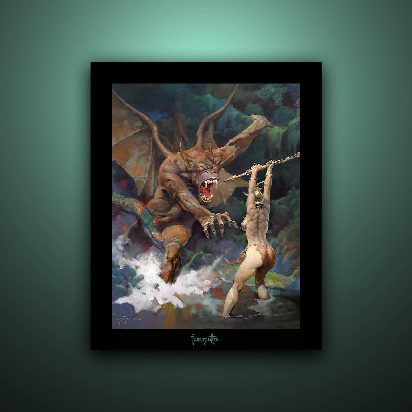 Unframed Gallery Series print of "Beauty and the Beast" by Frank Frazetta, highlighting vivid colors and dynamic artwork with a deep black 1.5" matting