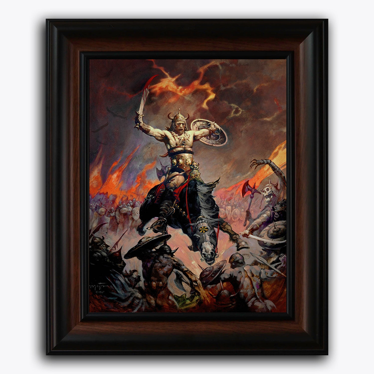 Framed fine art print of Berserker, with a blood-soaked warrior mid-battle in Frazetta’s brutal fantasy style.