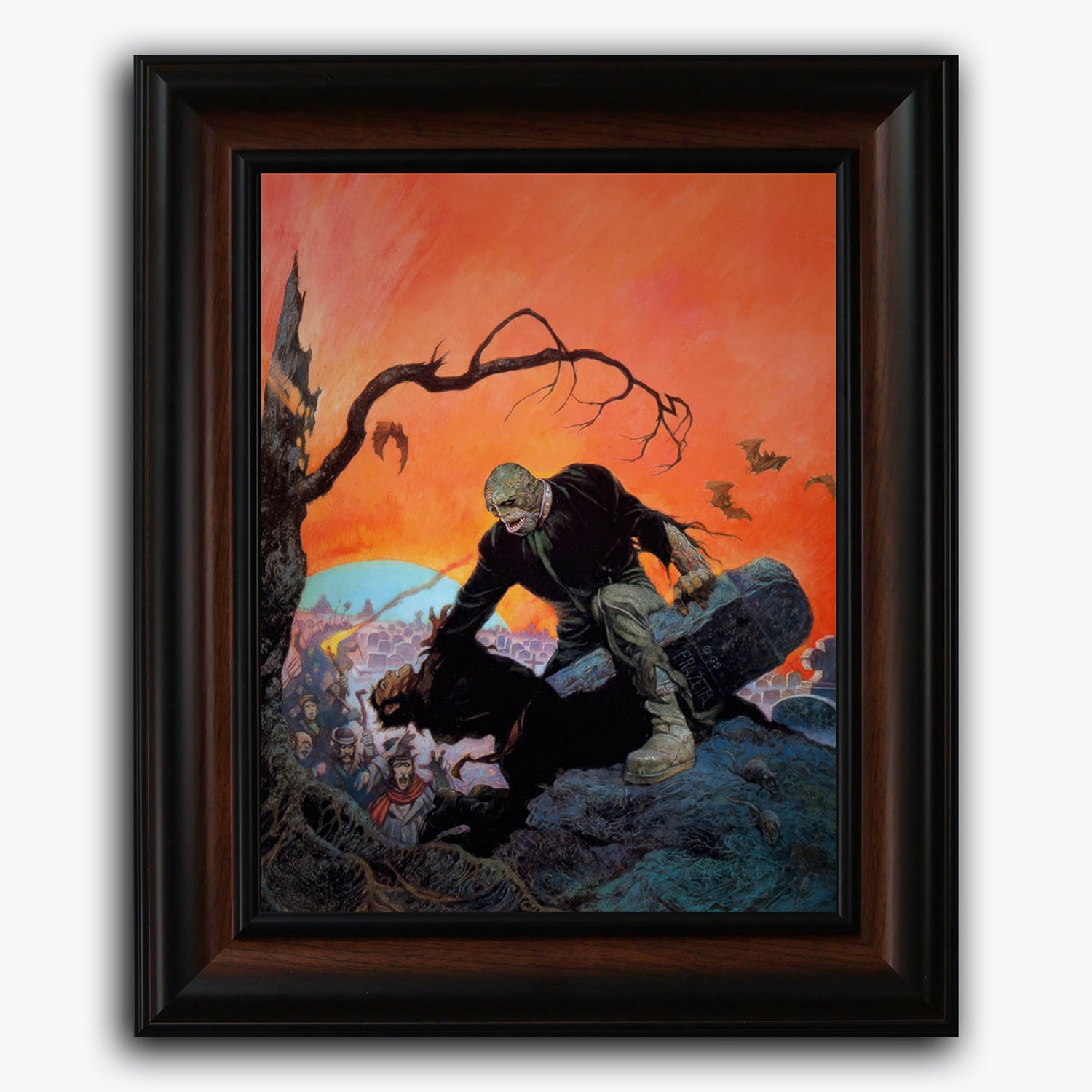 Framed fine art print of Frank Frazetta’s Beyond the Grave, showing a creaturing strangling a man near a grave, with an eerie orange sunset in the background and a silhouette of death looming over the scene.