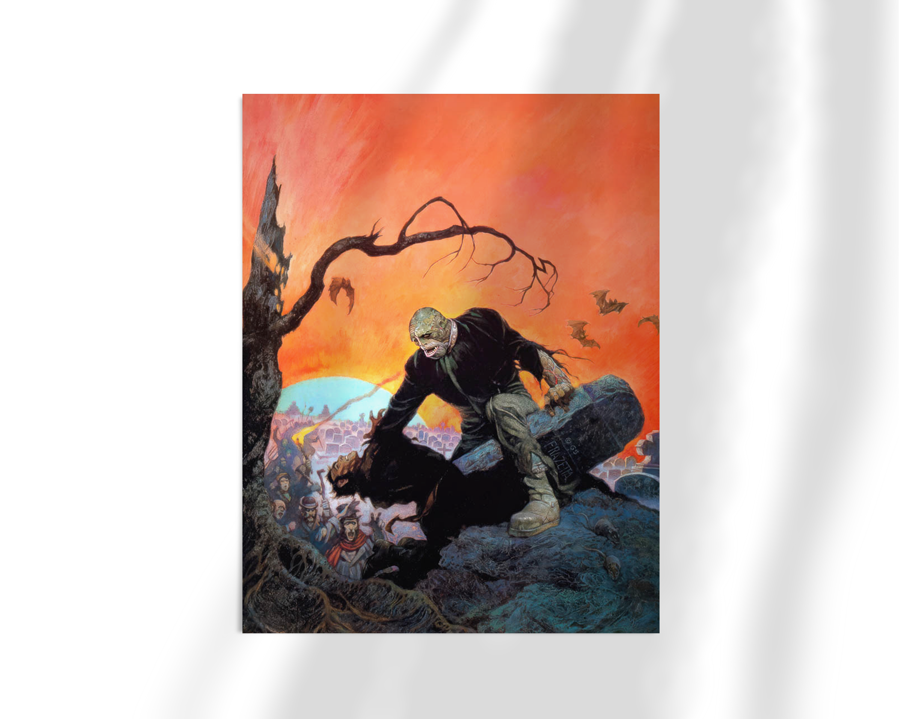 Unframed fine art print of Frank Frazetta’s Beyond the Grave, showing a creaturing strangling a man near a grave, with an eerie orange sunset in the background and a silhouette of death looming over the scene.