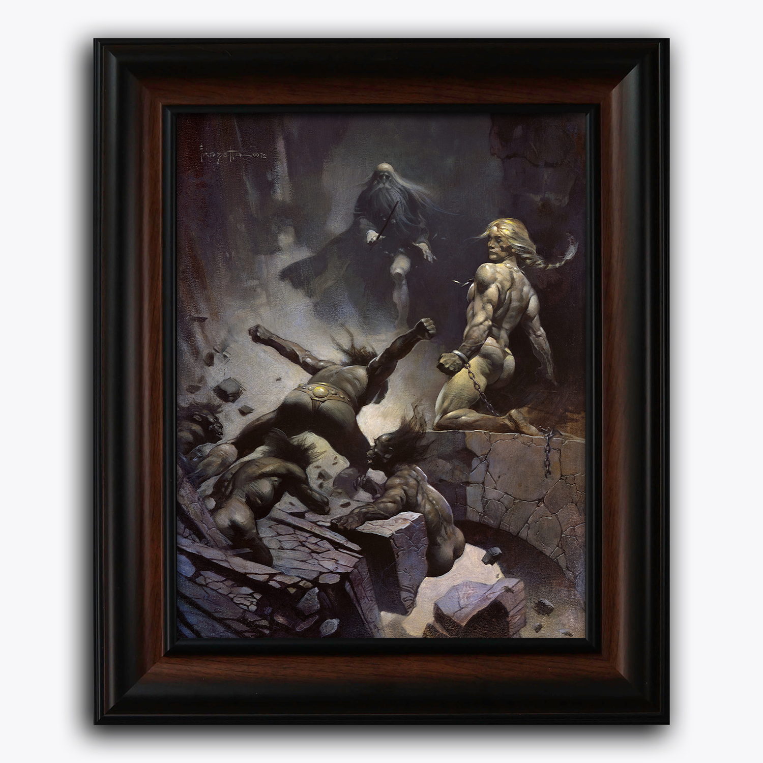 Framed fine art print of Frank Frazetta’s Black Star, showing a powerful action scene where fierce warriors battle monstrous creatures amid the ruins of a destroyed city. The dramatic light and bold figures convey the intensity of the battle.