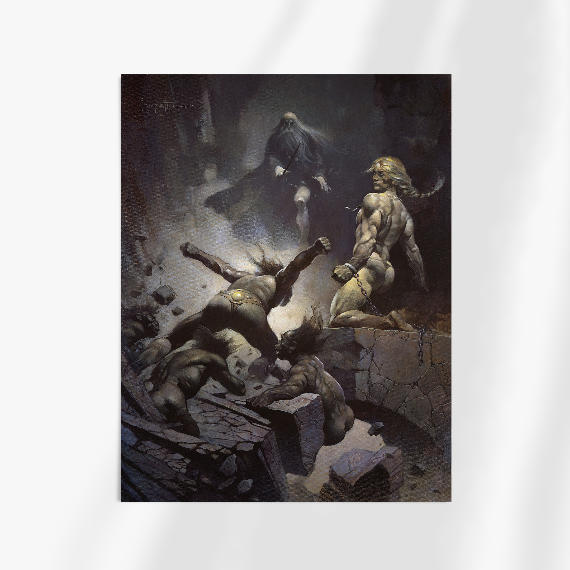 Unframed print of Black Star by Frank Frazetta, depicting a chaotic confrontation with monstrous beings in a crumbling urban landscape. The composition and dynamic energy of the figures create a compelling sense of struggle and conflict.