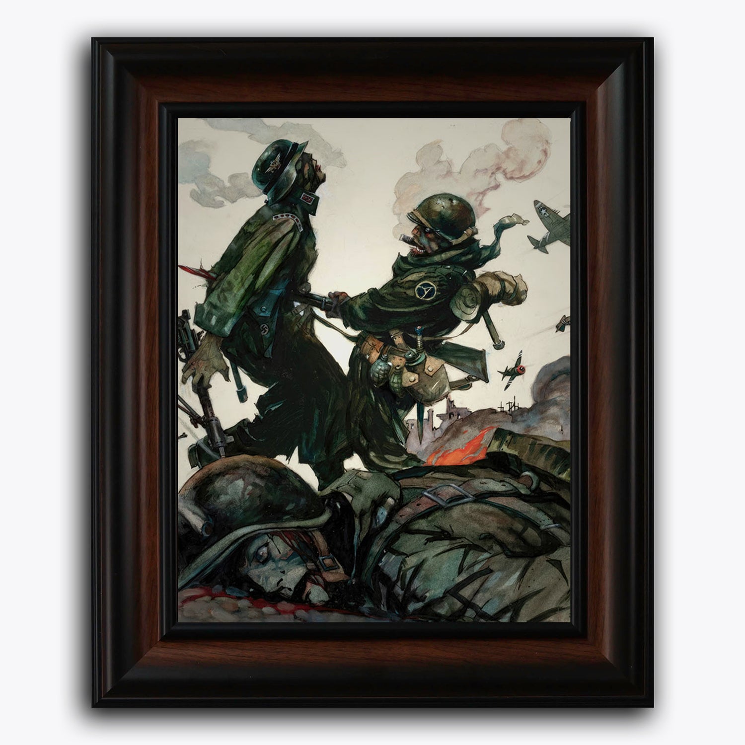 Framed fine art print of Frank Frazetta’s Blazing Combat II, depicting a dramatic wartime scene where a soldier is pierced by a bayonet, his lifeless body held upright by a ghostly figure amid the chaos of battle.