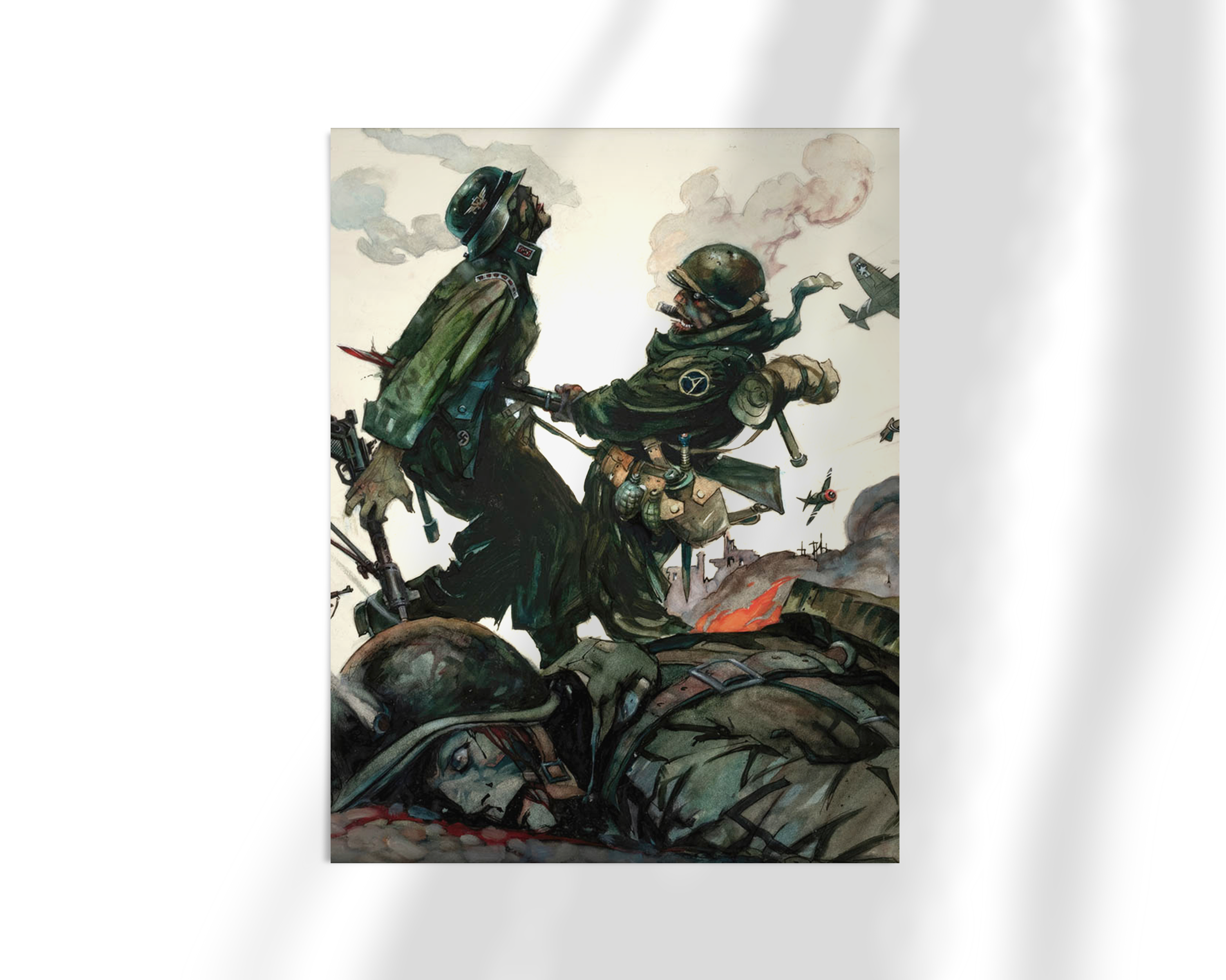 Unframed print of Blazing Combat II by Frank Frazetta. A fallen soldier is held by a haunting, shadowy figure as smoke and destruction fill the battlefield, evoking the horror and tragedy of war.