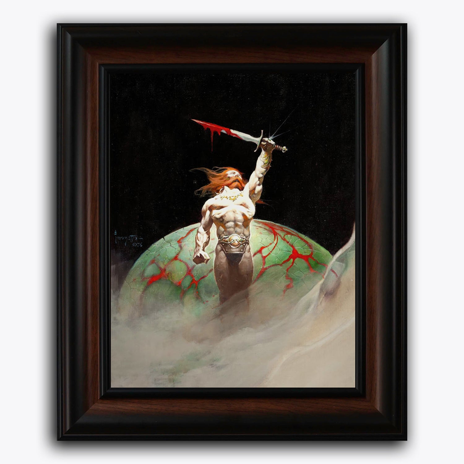 Framed fine art print of Frank Frazetta’s Bloodstone, showing a muscular warrior with flowing red hair emerging from mist, holding a blood-soaked sword above a massive green orb veined with red.