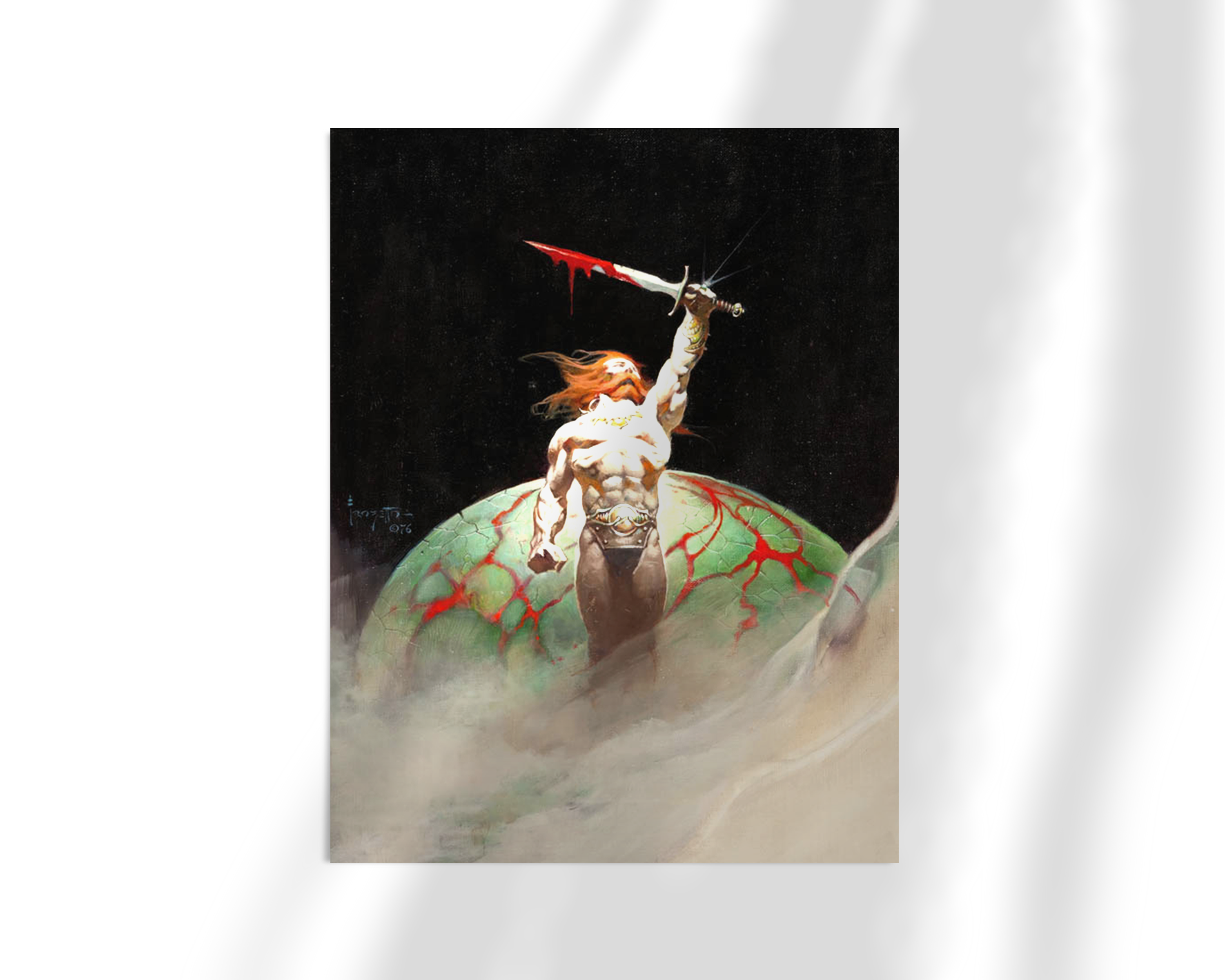 Unframed print of Bloodstone by Frank Frazetta. A heroic figure rises from a foggy landscape, brandishing a blood-drenched sword over a cracked, otherworldly orb.
