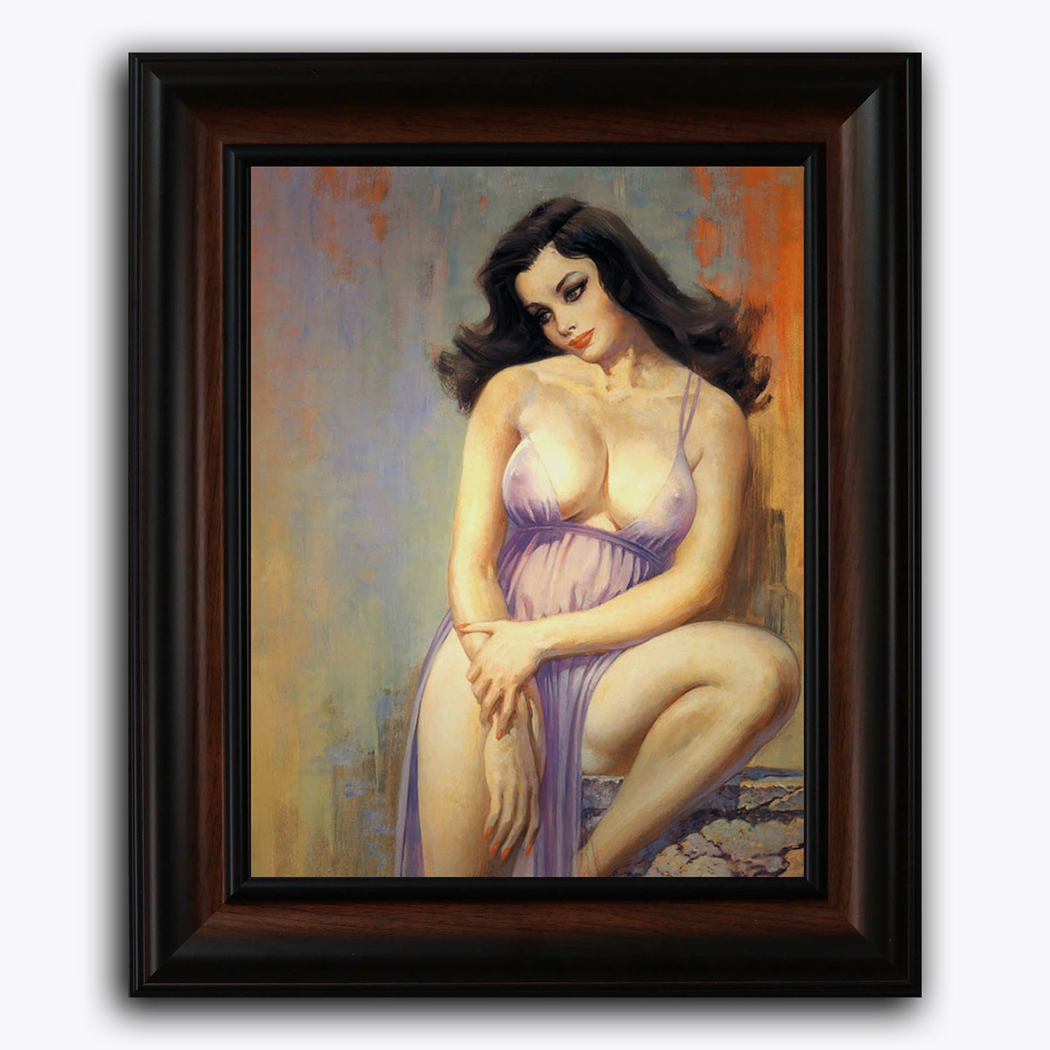 Framed fine art print of Frank Frazetta’s Brooklyn Dreams, depicting a seated woman. The warm tones and dramatic shadows evoke a sense of nostalgia and reverie.