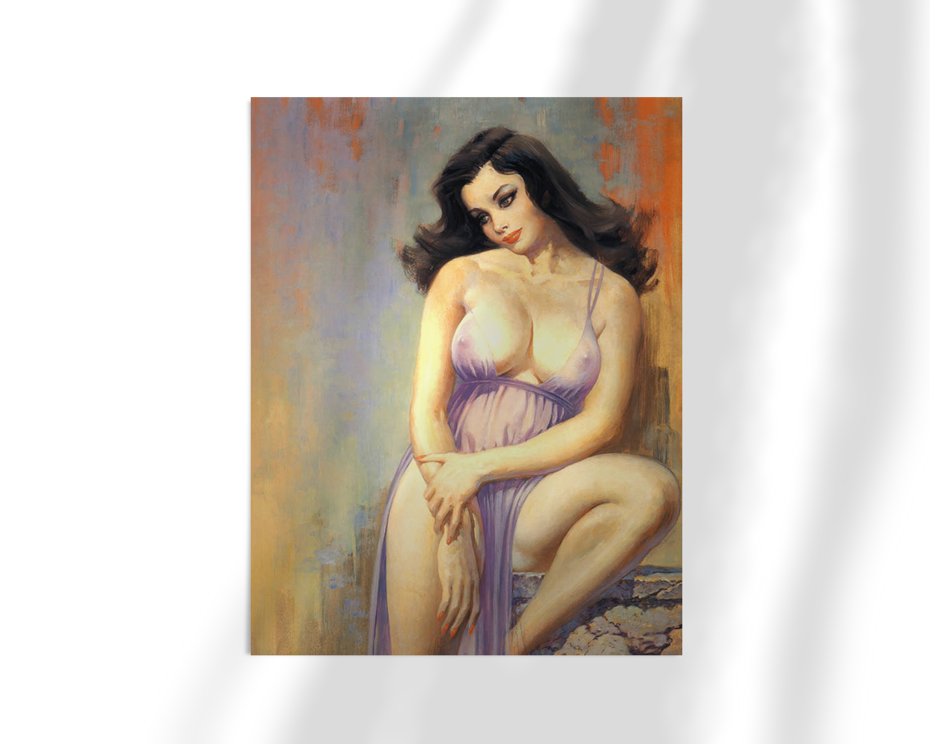 Unframed fine art print of Frank Frazetta’s Brooklyn Dreams, depicting a seated woman. The warm tones and dramatic shadows evoke a sense of nostalgia and reverie.