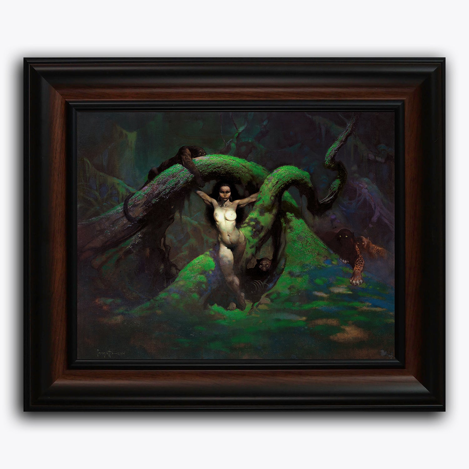 Framed fine art print of Frank Frazetta’s Cat Girl, showing a fierce nude woman entangled in jungle roots, surrounded by wild panthers.