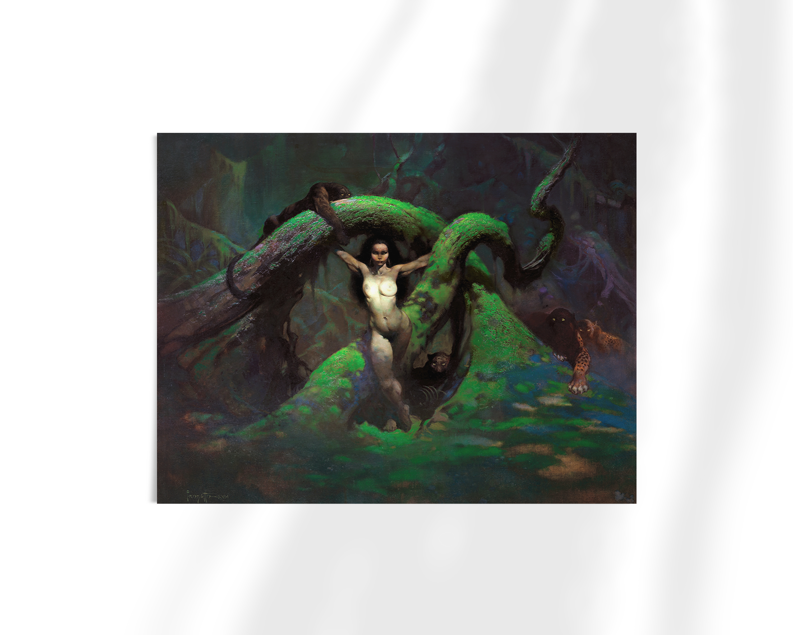 Unframed fine art print of Cat Girl, highlighting the intense gaze of the woman amid twisting roots and dense shadows.