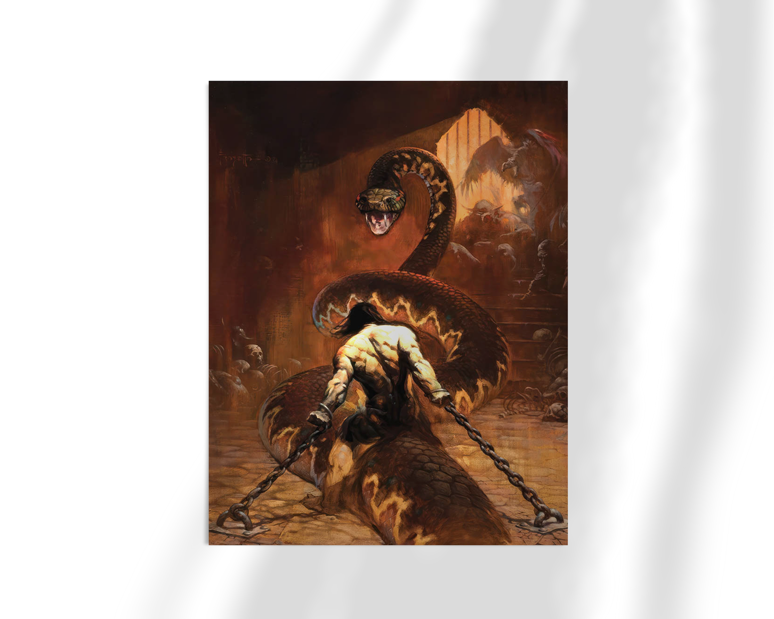 Unframed fine art print of Frazetta’s "Chained," featuring a powerful figure in chains facing a looming snake creature under ominous lighting.