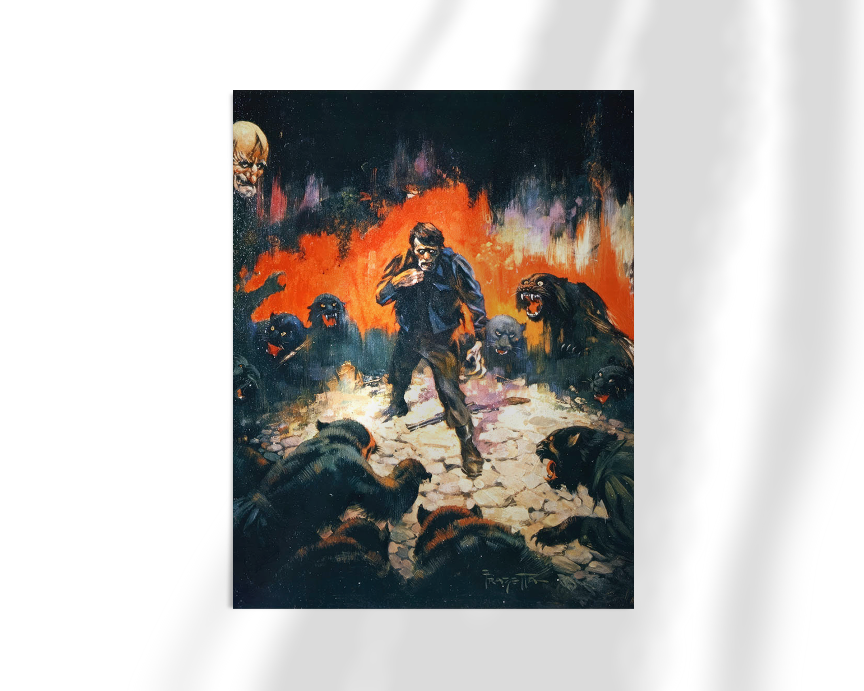Unframed fine art print of Circle of Terror by Frank Frazetta, depicting a tense standoff between a man and a horde of shadowy beasts with fire and moonlight illuminating the scene.