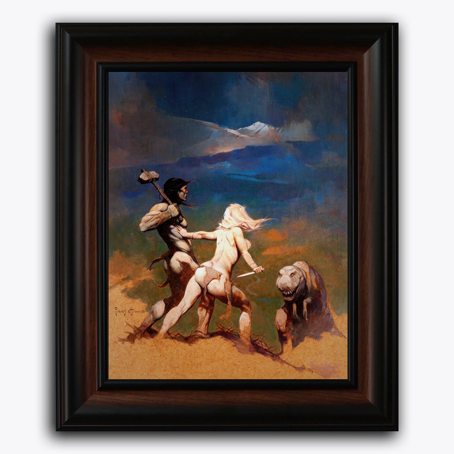 Framed fine art print of Frank Frazetta’s “Cornered,” depicting a tense moment as a warrior and a woman face off against an approaching dinosaur in a desert-like setting.