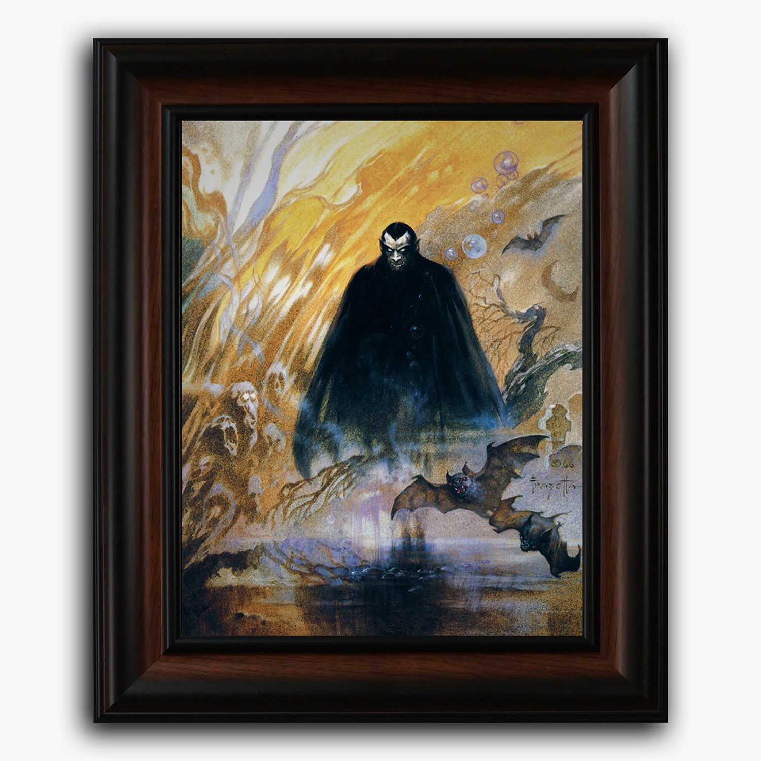 Framed fine art print of Frank Frazetta’s Count Dracula, featuring the dark, commanding figure of Dracula emerging from swirling golden mists, surrounded by ghostly apparitions and gothic atmosphere.