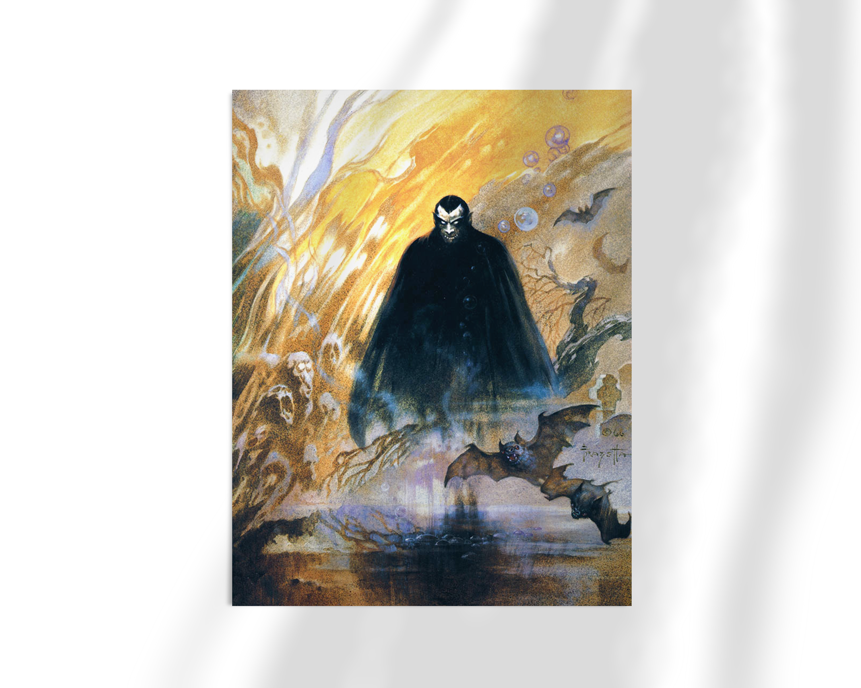 Unframed print of Count Dracula by Frank Frazetta. The iconic vampire stands center stage, cloaked in shadow with spectral forms and golden energy swirling around him, evoking dread and mysticism.
