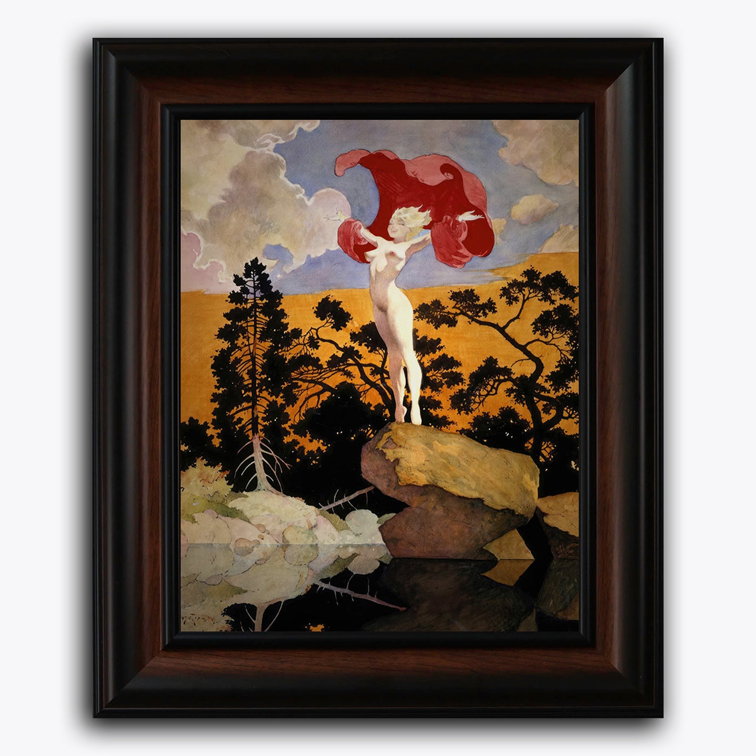 Framed fine art print of Frank Frazetta’s “Dawn’s Early Light,” featuring a nude woman standing triumphantly on a rocky cliff with flowing red fabric, silhouetted against a golden sky and rising sun.