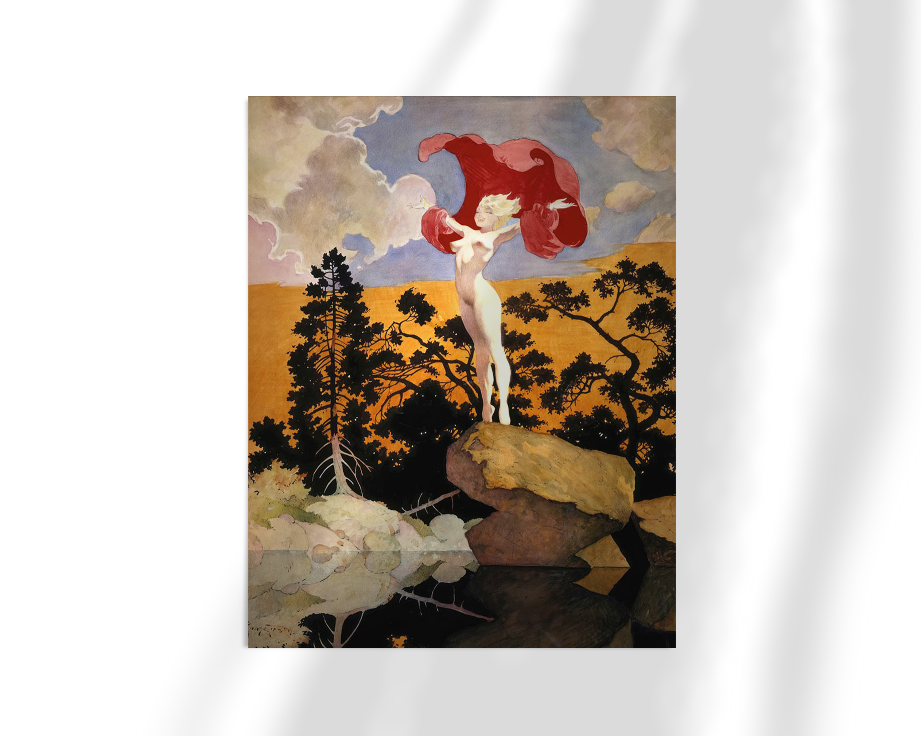 Unframed fine art print of Frazetta’s “Dawn’s Early Light,” depicting a bold female figure in a powerful sunrise setting with dramatic lighting and stylized natural elements.