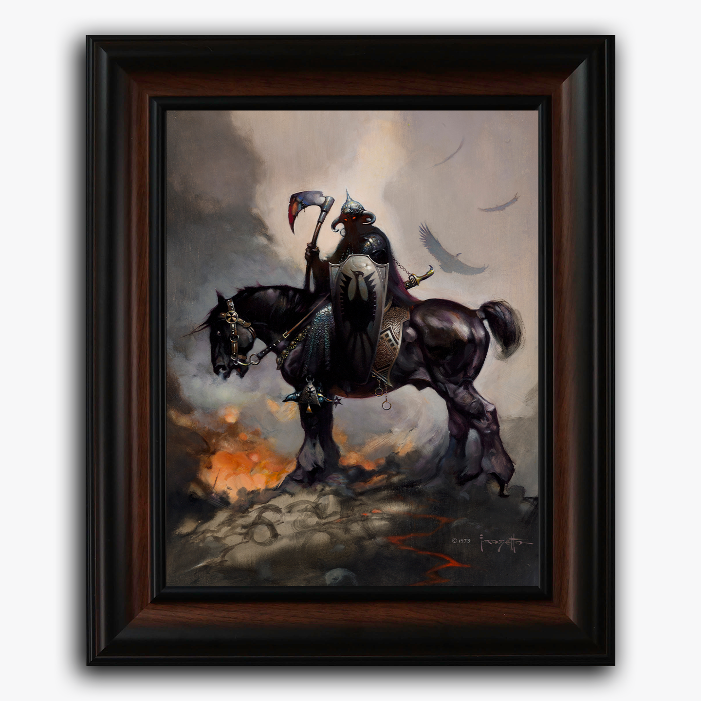 Framed fine art print of Frank Frazetta’s Death Dealer I, showing a dark-armored warrior on horseback against a storm-lit battlefield.