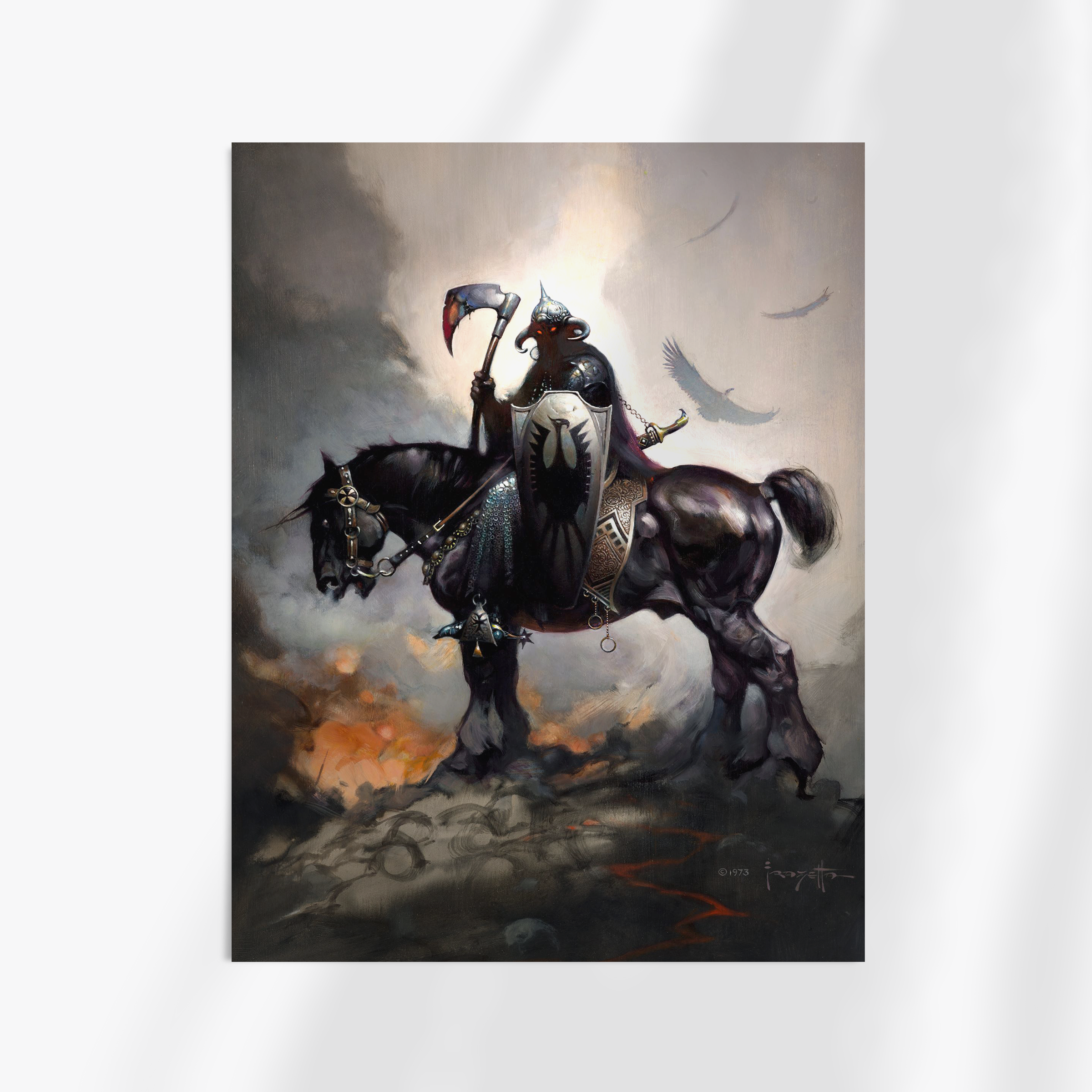 Unframed fine art print of Frank Frazetta’s Death Dealer I, showing a dark-armored warrior on horseback against a storm-lit battlefield.